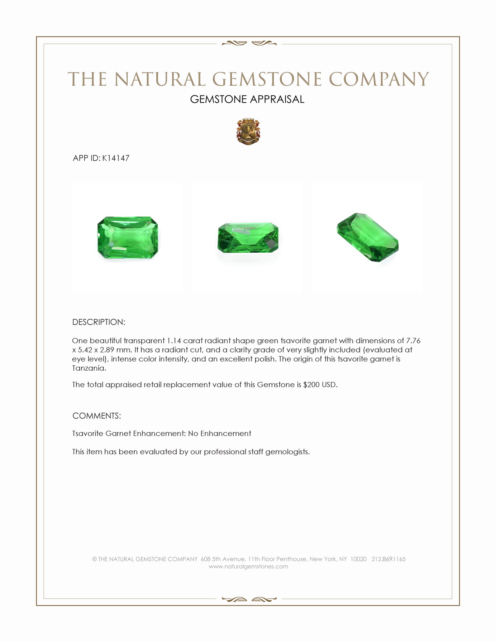 1.14 Ct. Tsavorite Garnet from Tanzania