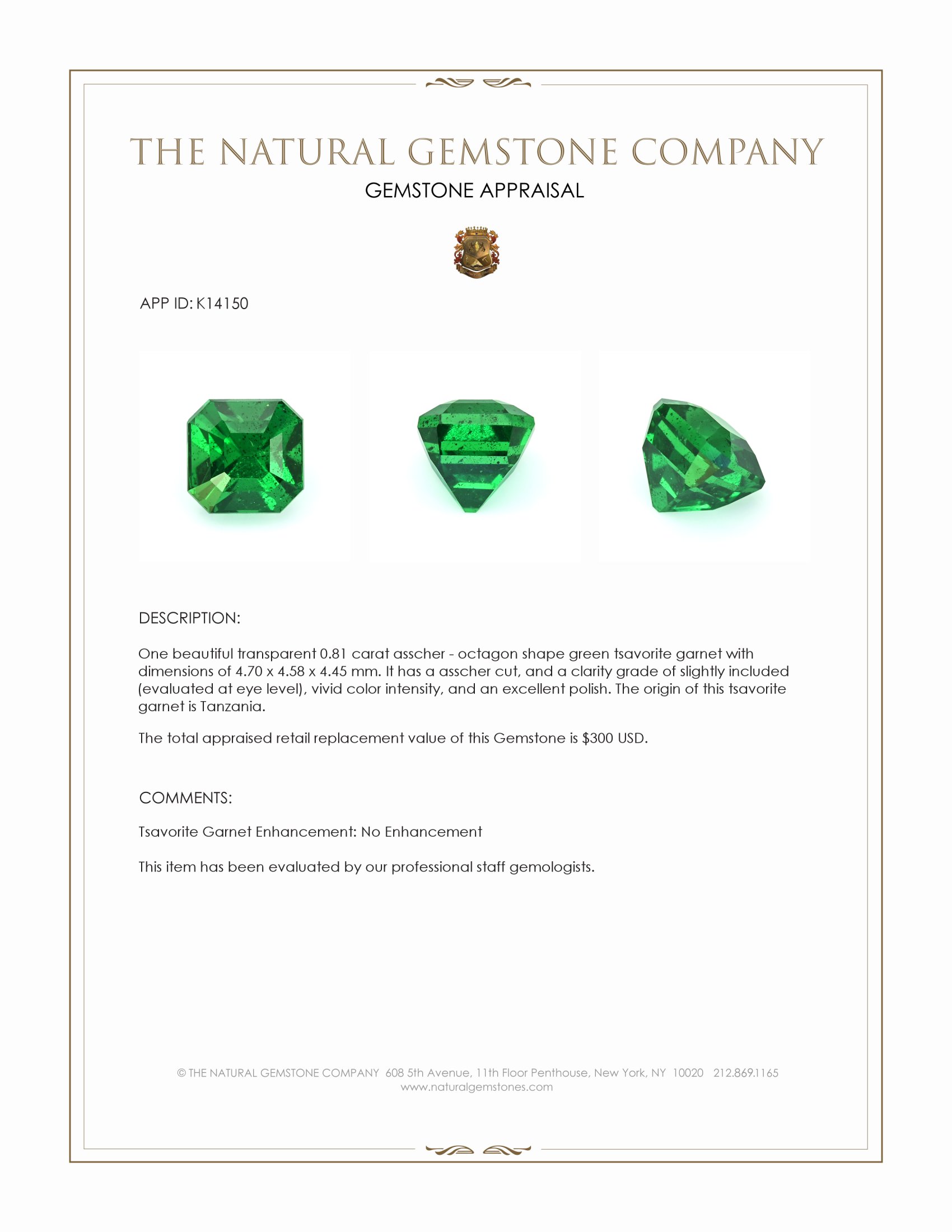0.81 Ct. Tsavorite Garnet from Tanzania