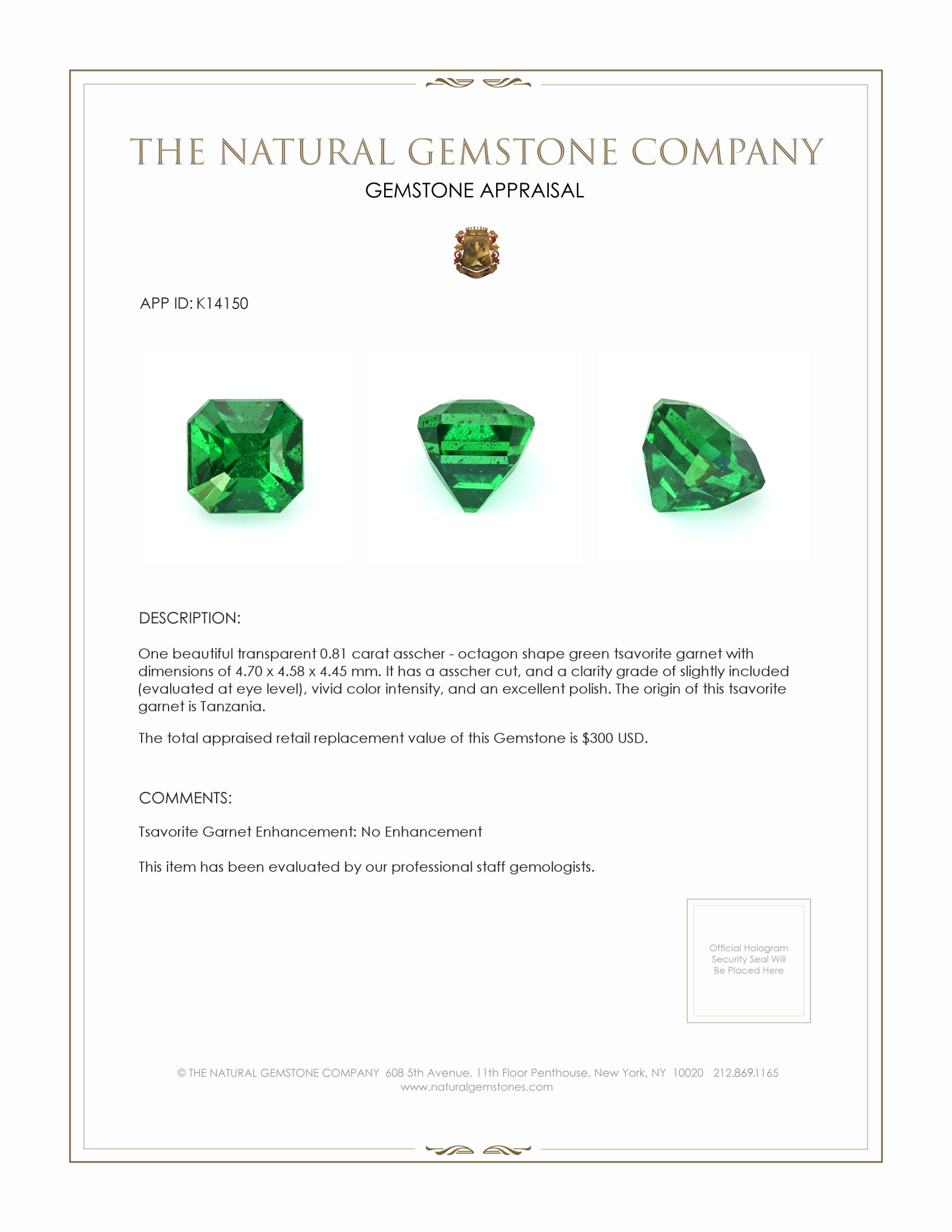 0.81 Ct. Tsavorite Garnet from Tanzania