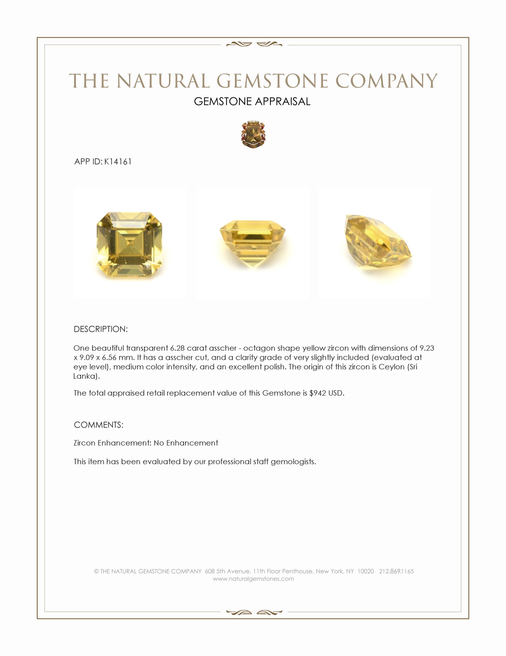 6.28 Ct. Yellow Zircon from Ceylon (Sri Lanka)