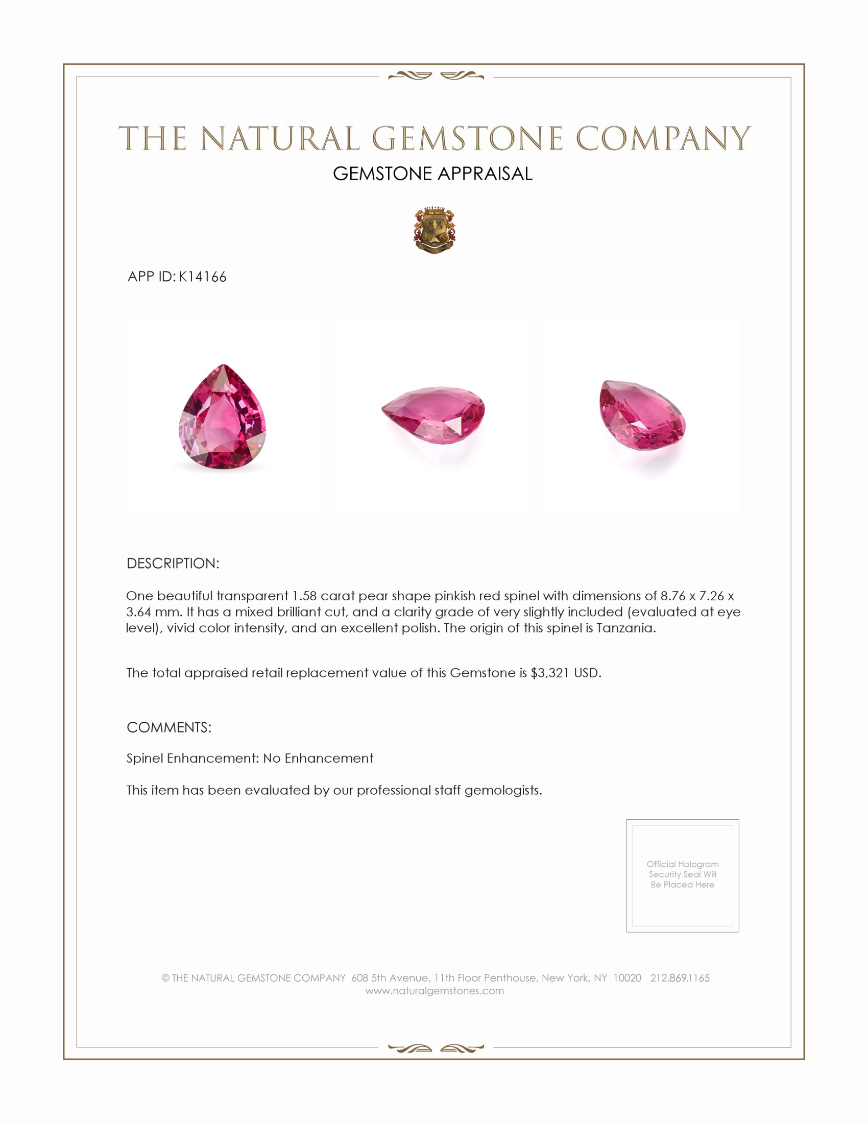 1.58 Ct. Spinel from Tanzania