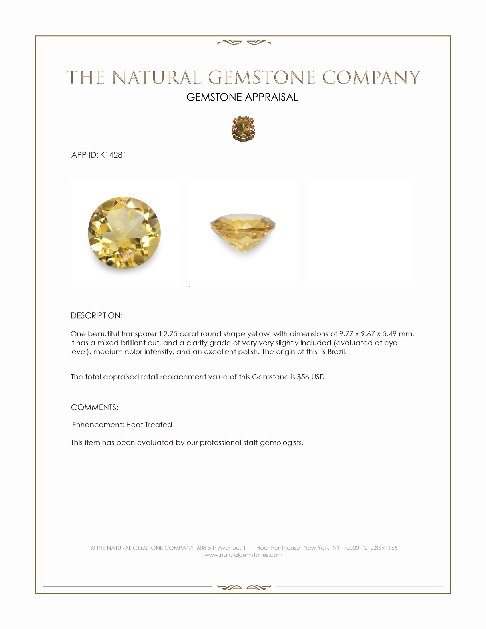 2.75 Ct. Yellow Citrine from Brazil