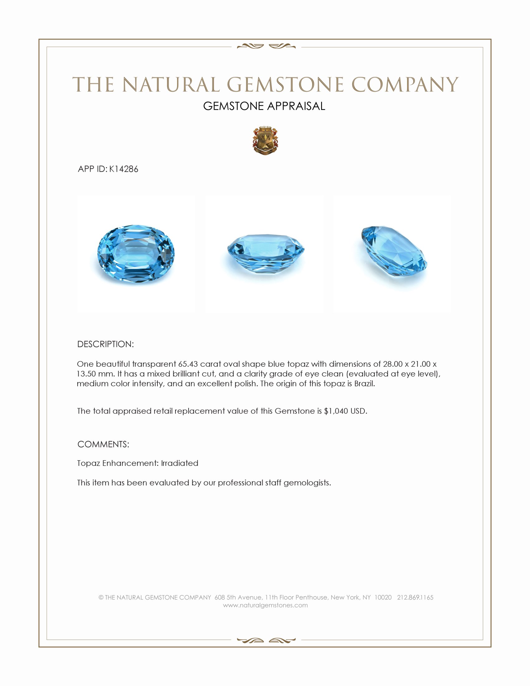 65.43 Ct. Blue Topaz from Brazil