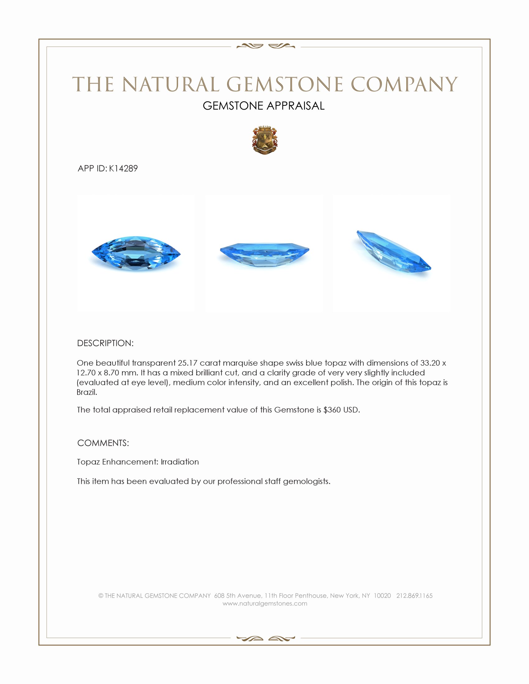 25.17 Ct. Swiss Blue Topaz from Brazil