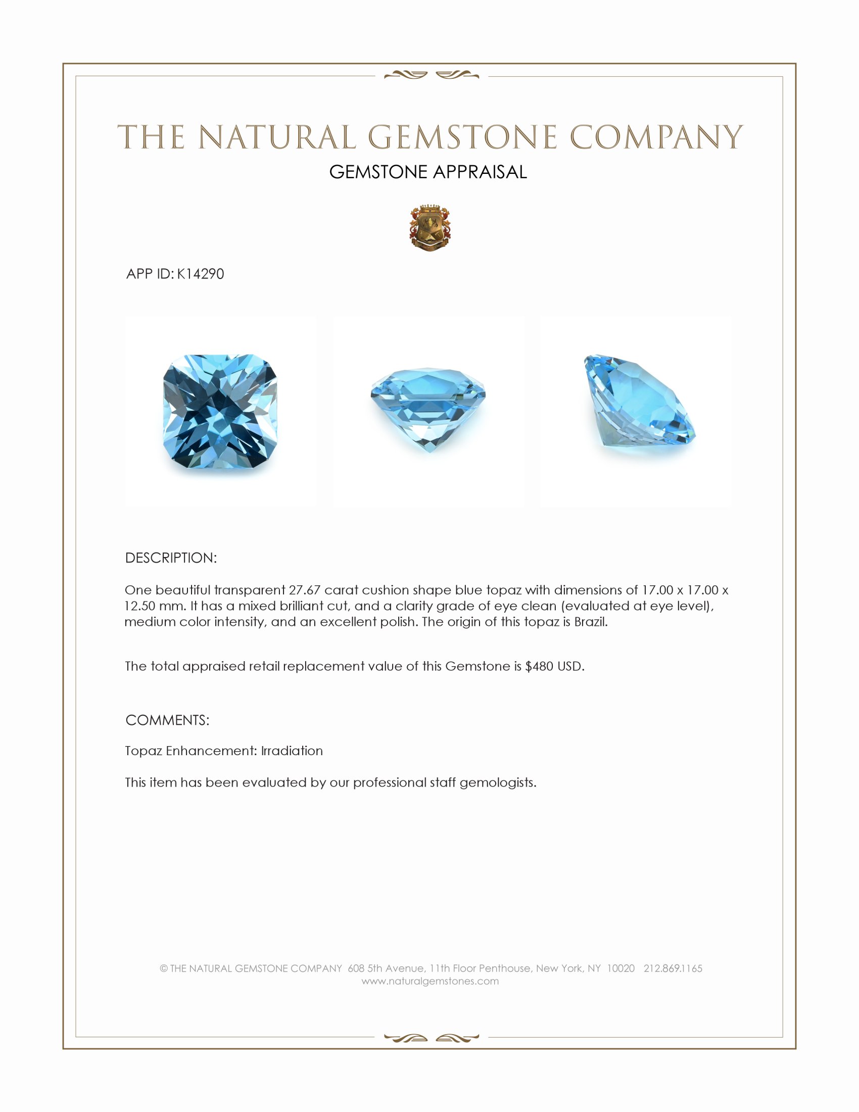 27.67 Ct. Blue Topaz from Brazil