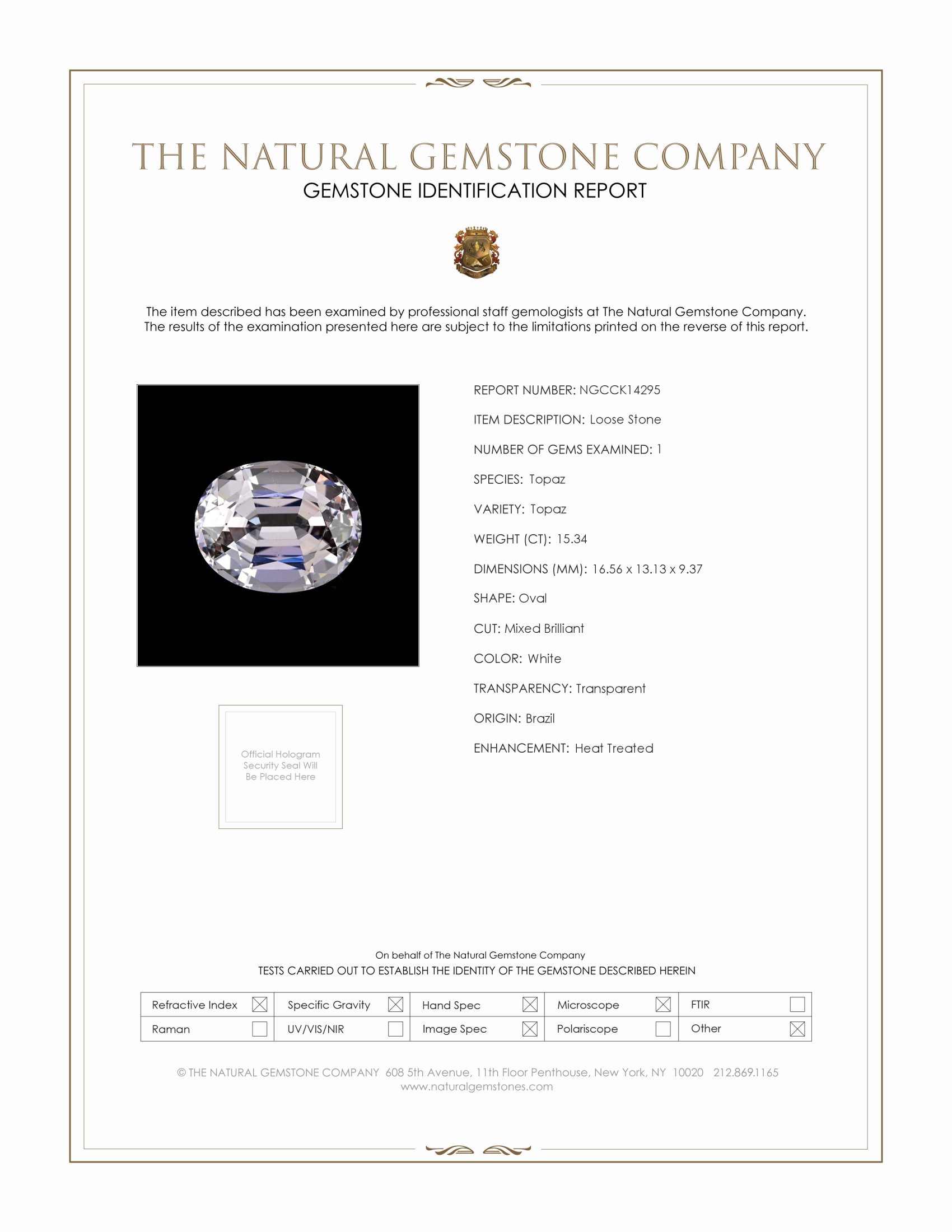 15.34 Ct. White Topaz from Brazil