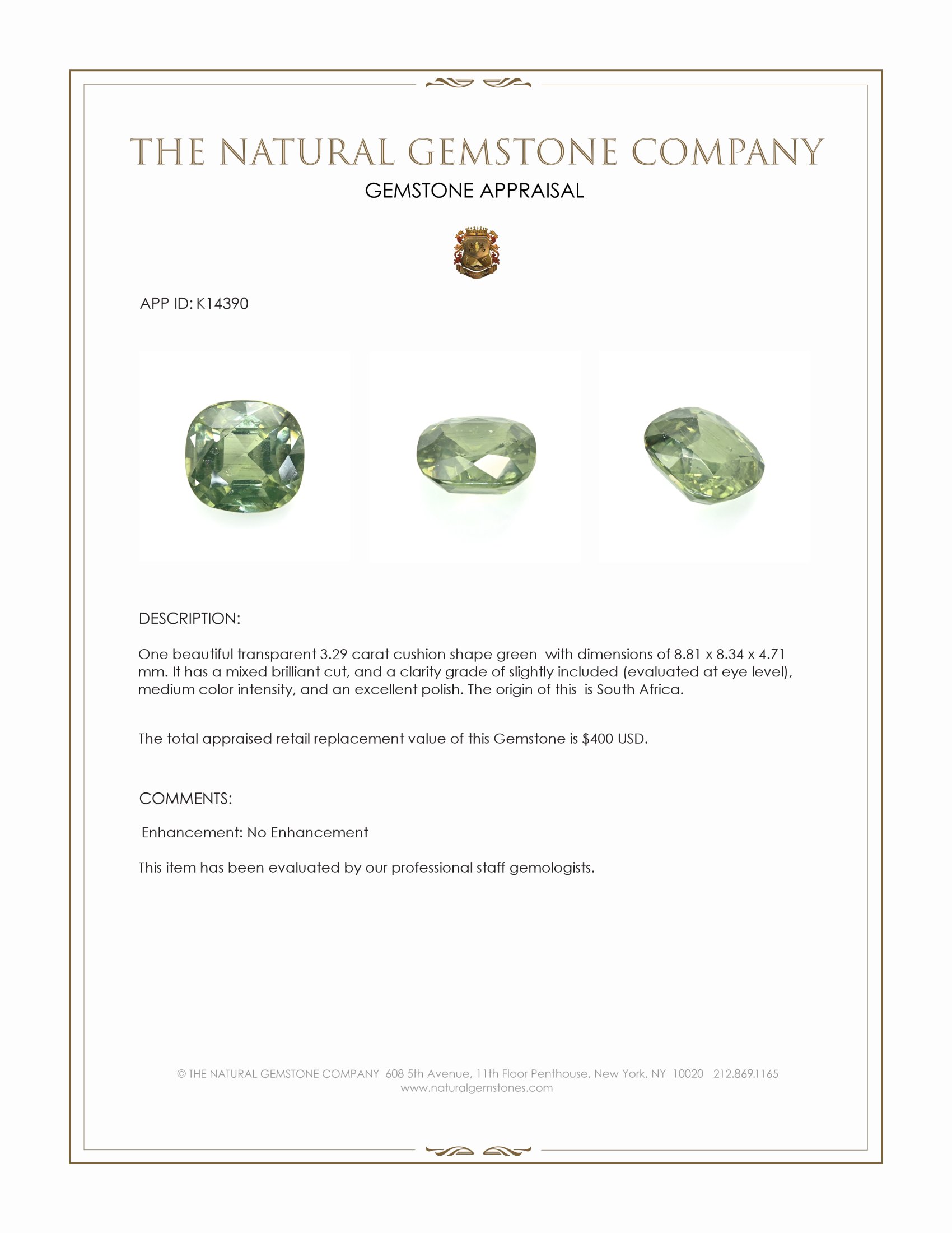 3.29 Ct. Green Zircon from South Africa