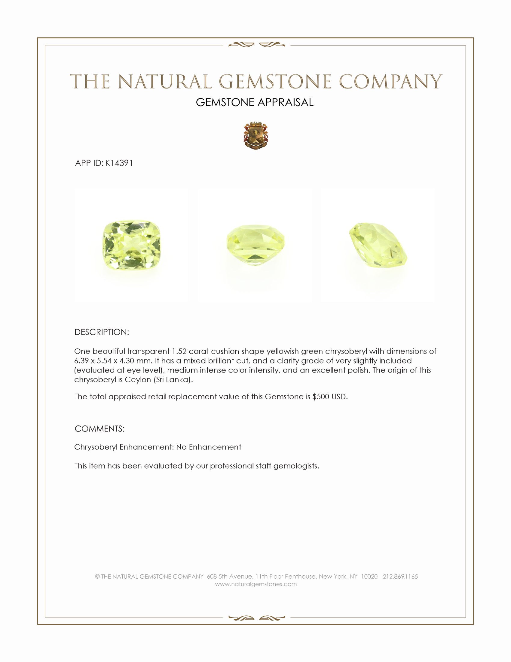 1.52 Ct. Chrysoberyl from Ceylon (Sri Lanka)