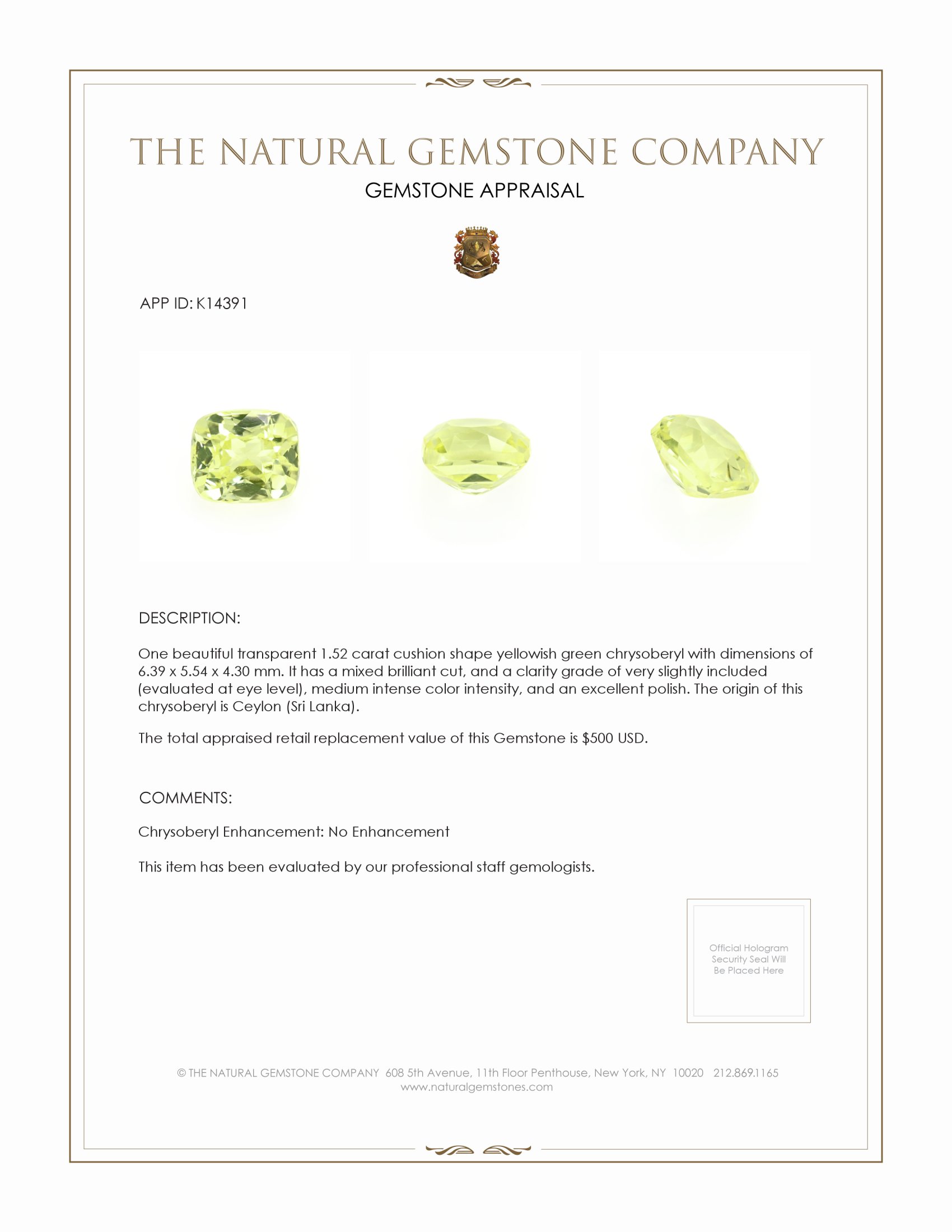 1.52 Ct. Chrysoberyl from Ceylon (Sri Lanka)