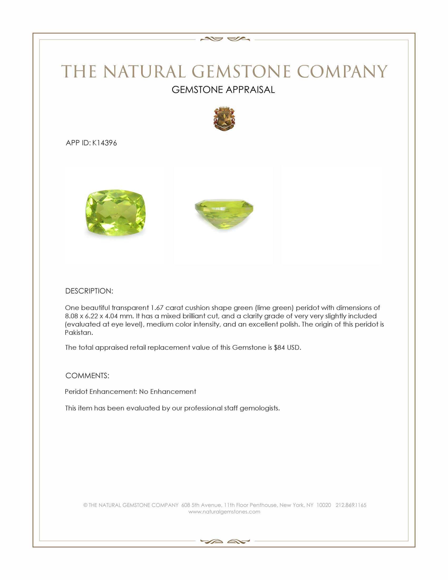 1.67 Ct. Green (Lime Green) Peridot from Pakistan
