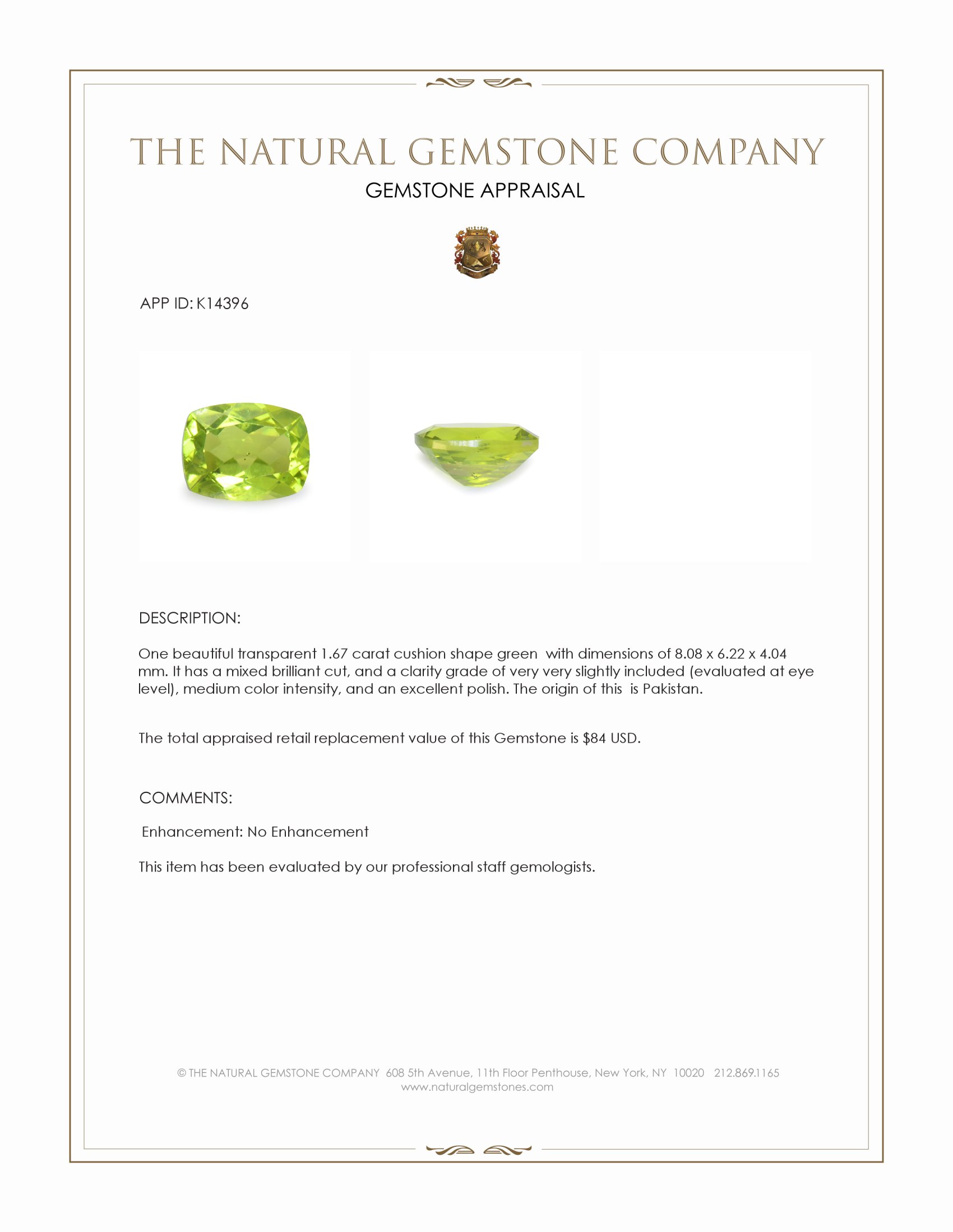 1.67 Ct. Green Peridot from Pakistan