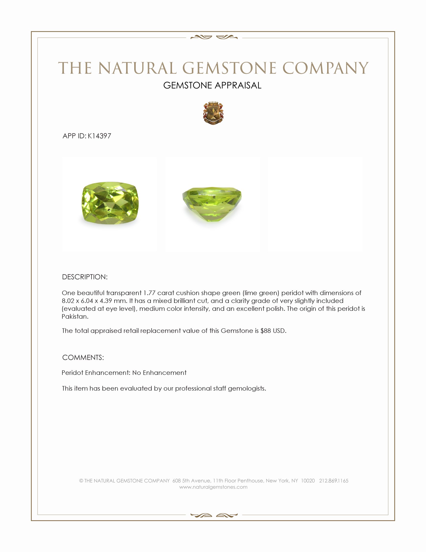 1.77 Ct. Green (Lime Green) Peridot from Pakistan