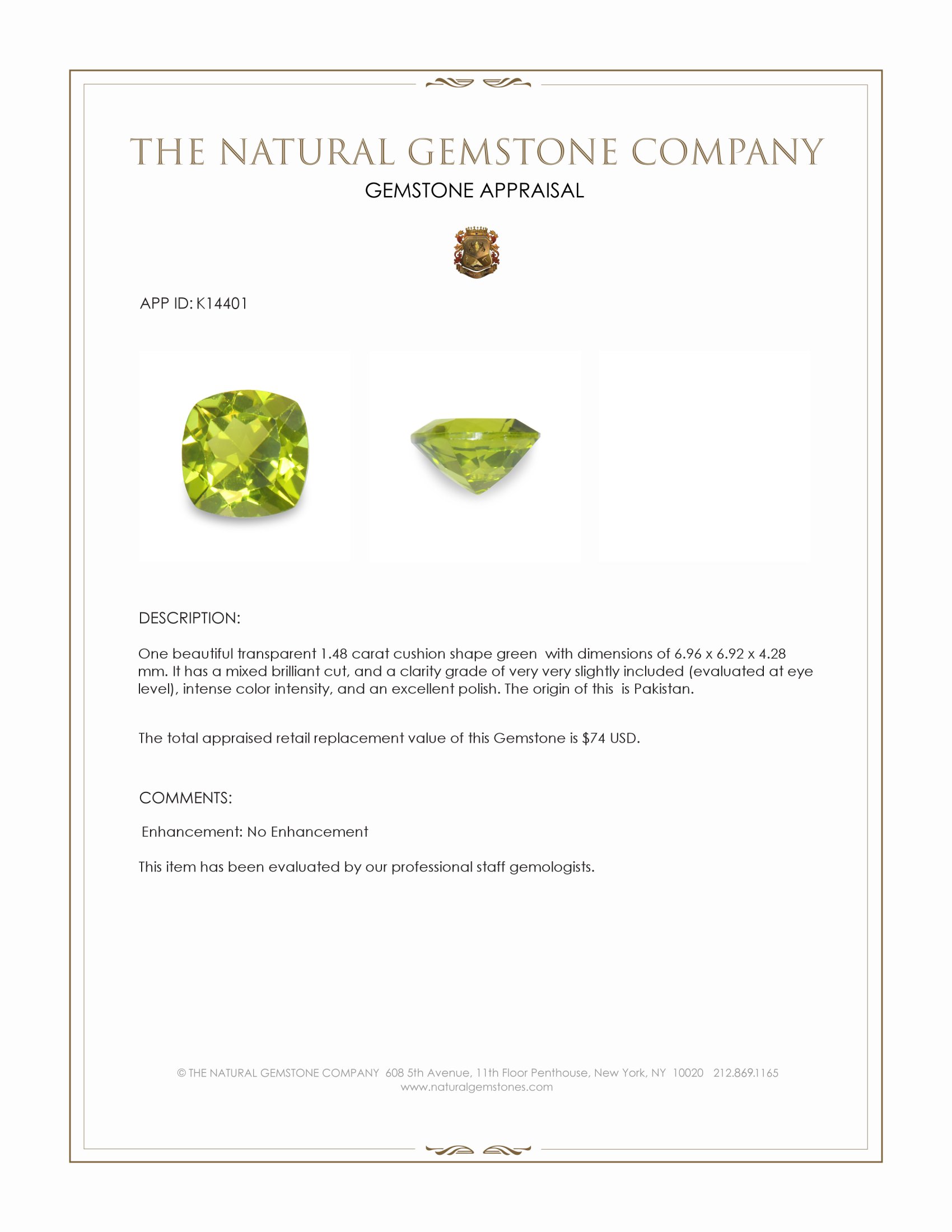 1.48 Ct. Green Peridot from Pakistan