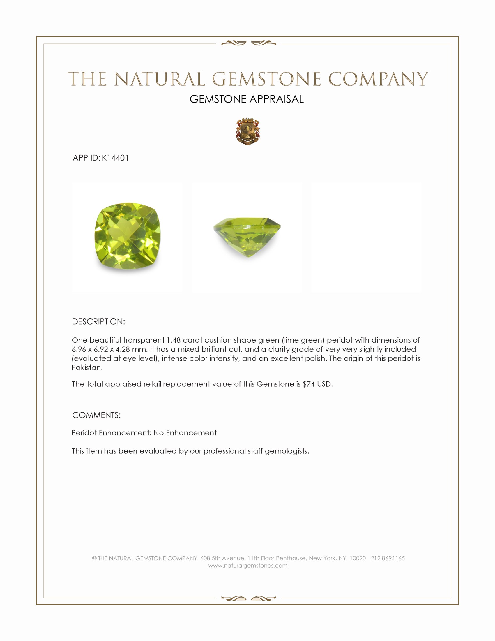 1.48 Ct. Green (Lime Green) Peridot from Pakistan