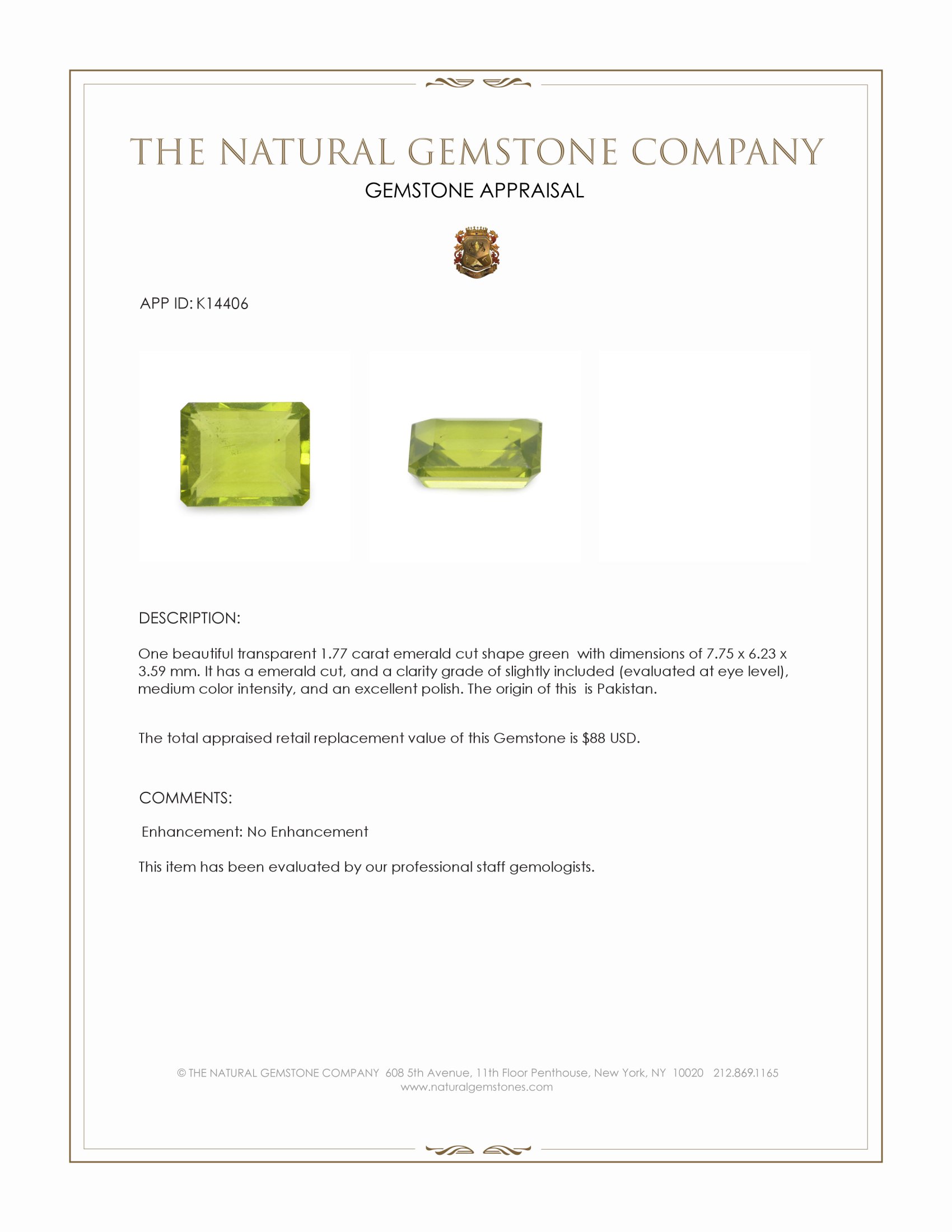1.77 Ct. Green (Lime Green) Peridot from Pakistan