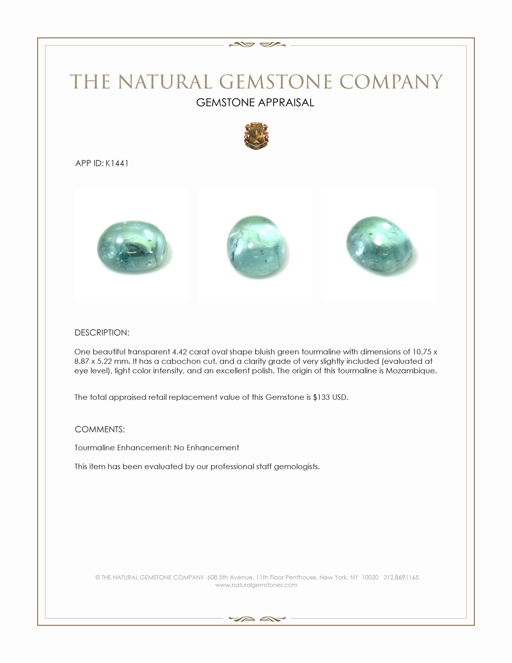 4.42 Ct. Bluish Green Cabochon Tourmaline from Mozambique