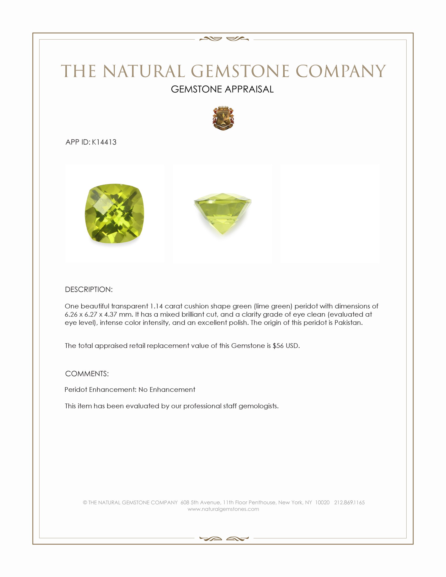 1.14 Ct. Green (Lime Green) Peridot from Pakistan