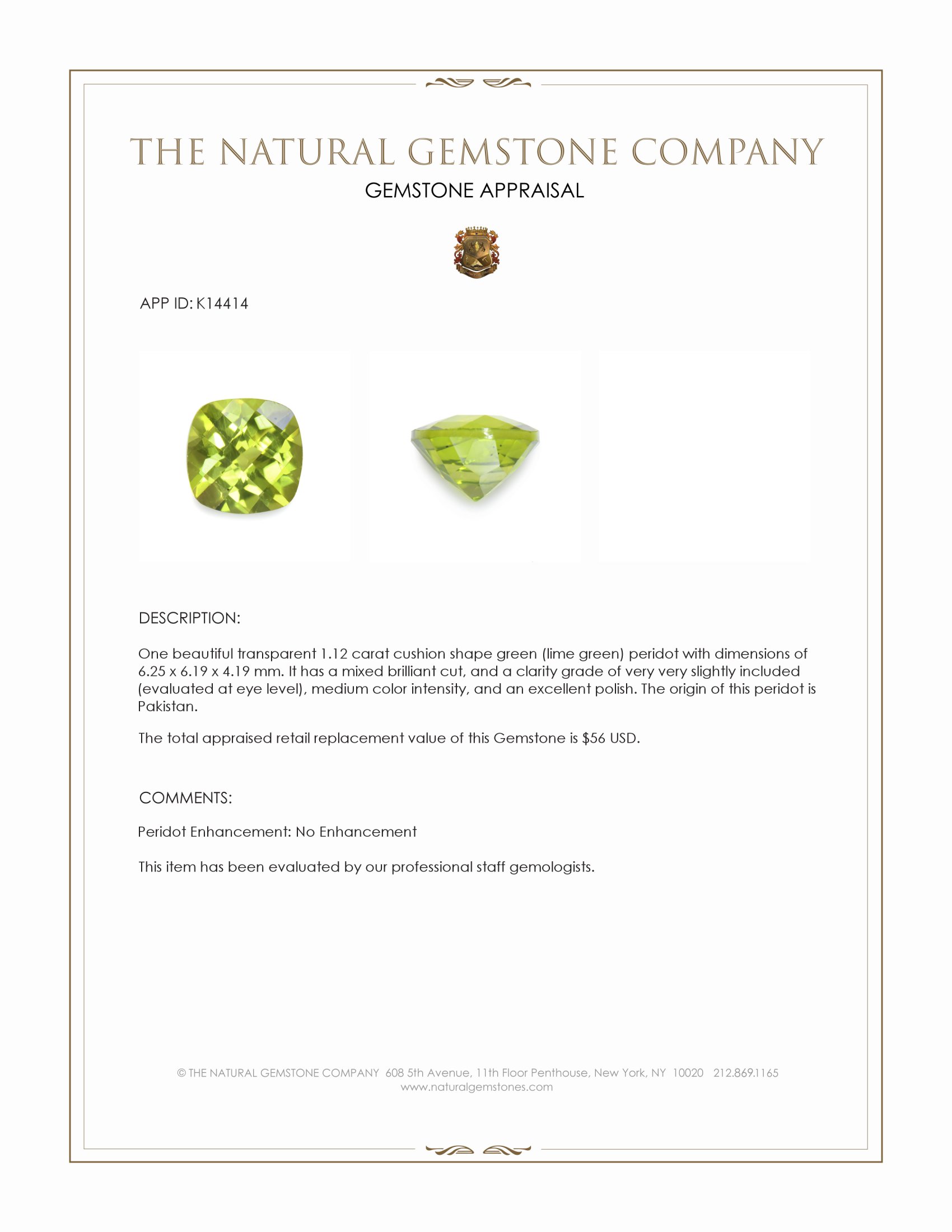 1.12 Ct. Green (Lime Green) Peridot from Pakistan