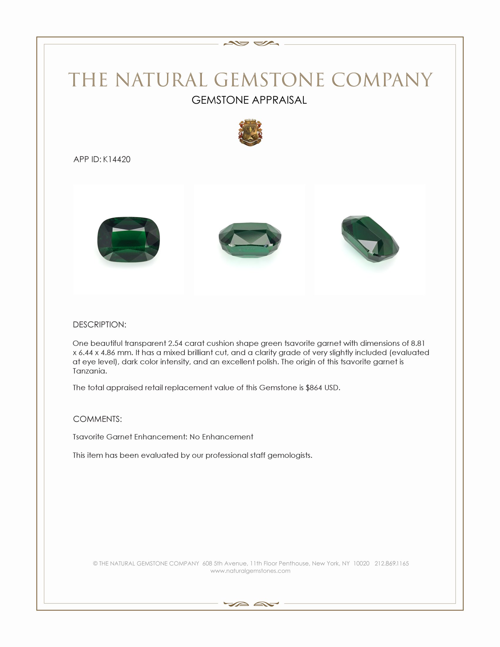 2.54 Ct. Tsavorite Garnet from Tanzania