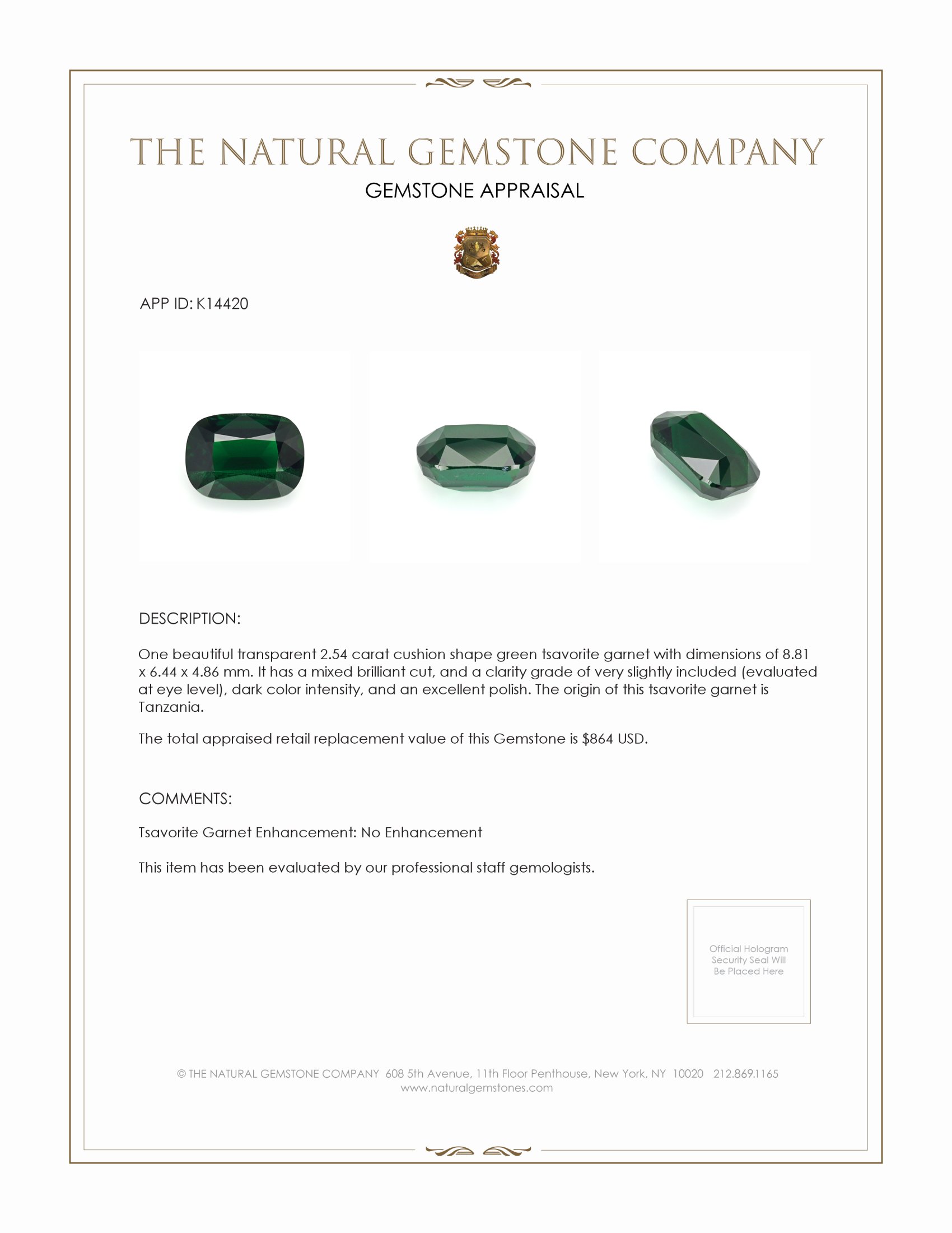 2.54 Ct. Tsavorite Garnet from Tanzania