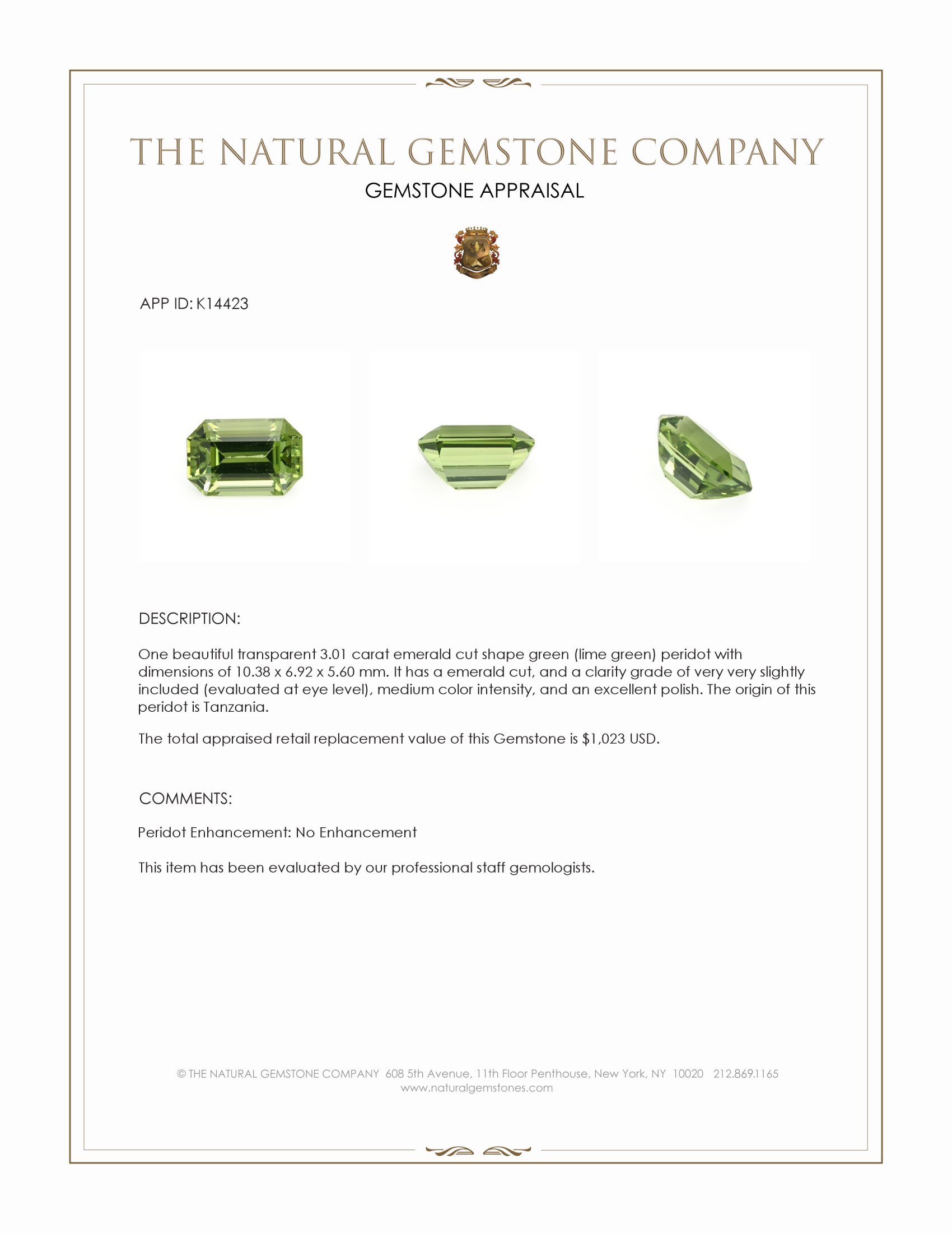 3.01 Ct. Green (Lime Green) Peridot from Tanzania