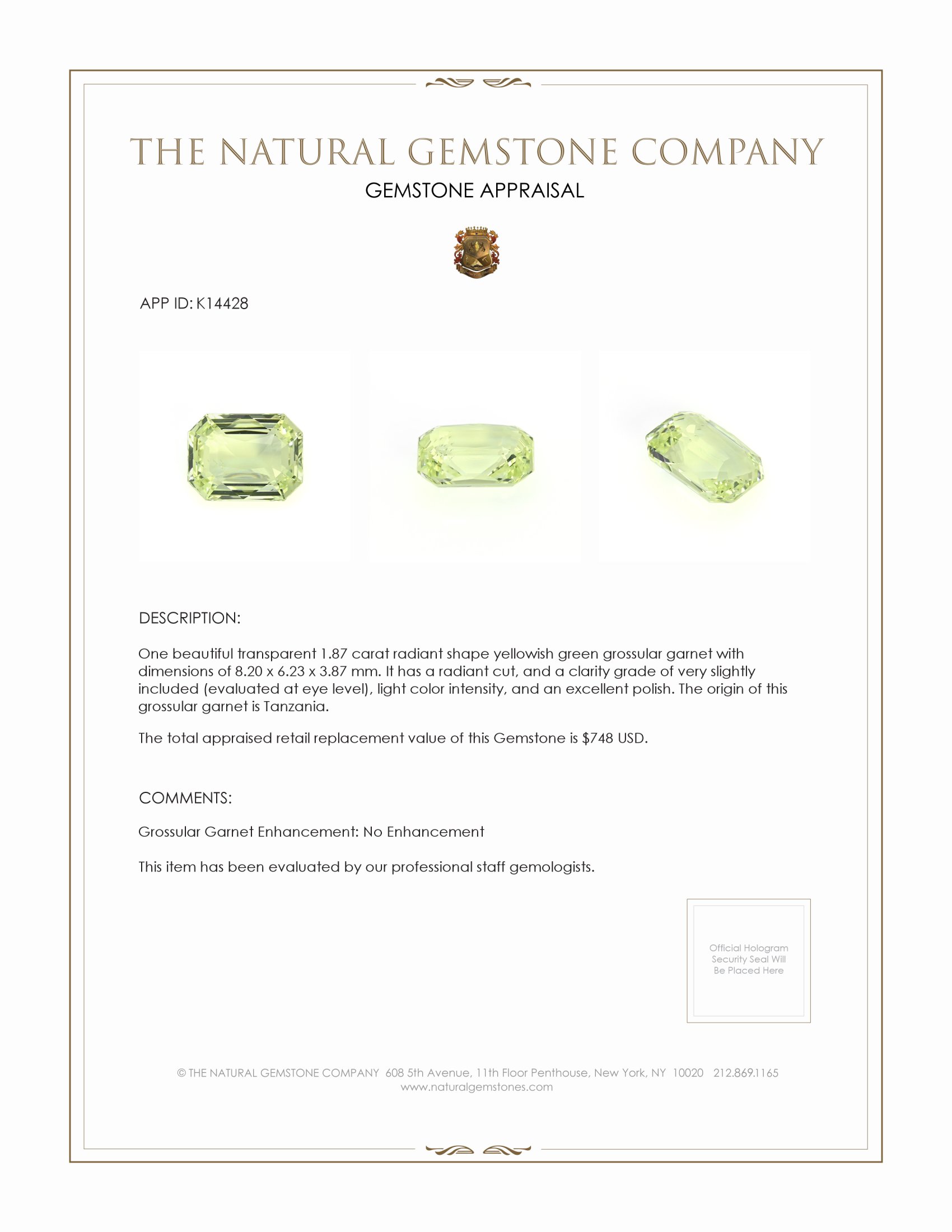 1.87 Ct. Grossular Garnet from Tanzania