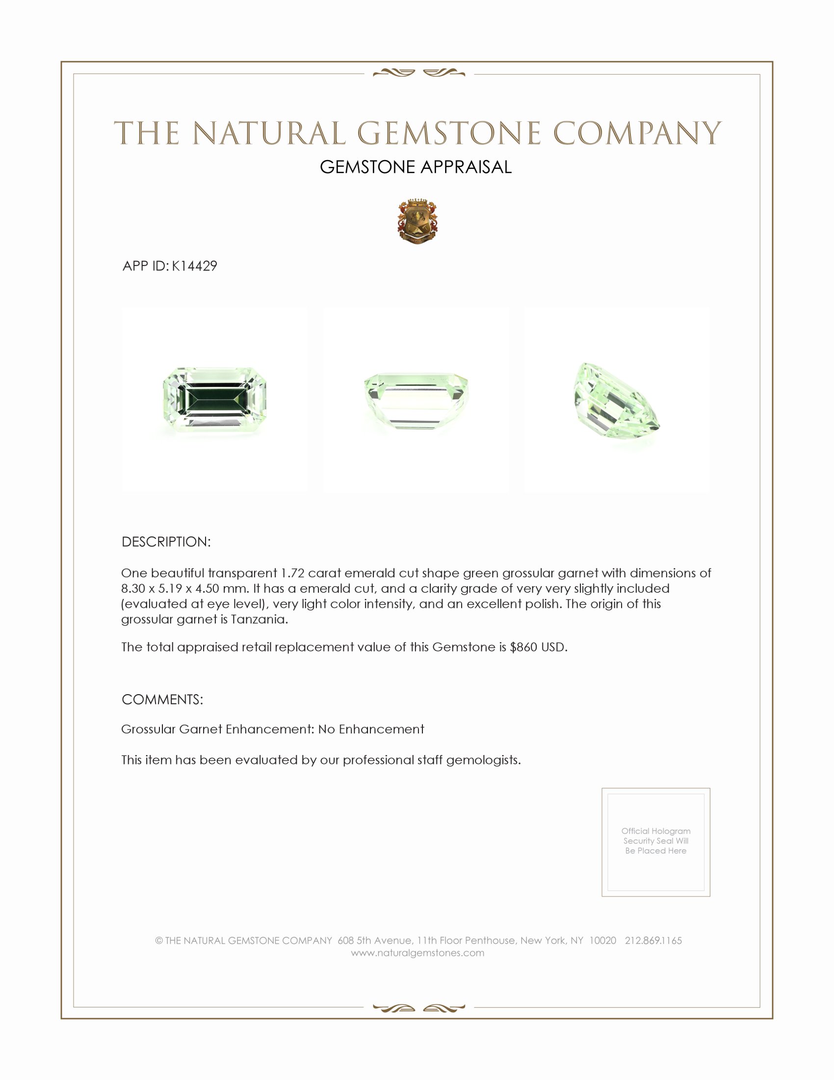 1.72 Ct. Grossular Garnet from Tanzania