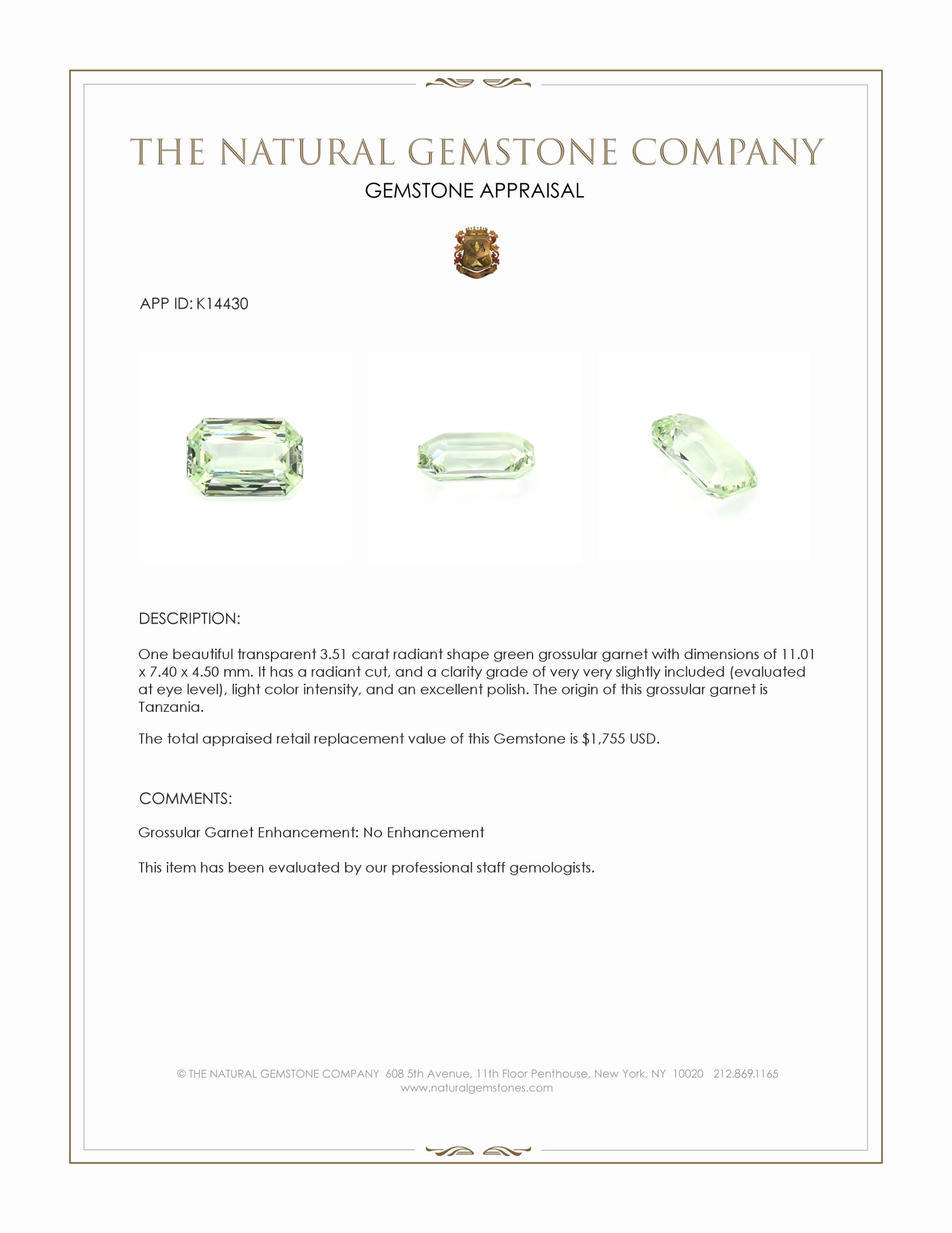 3.51 Ct. Grossular Garnet from Tanzania