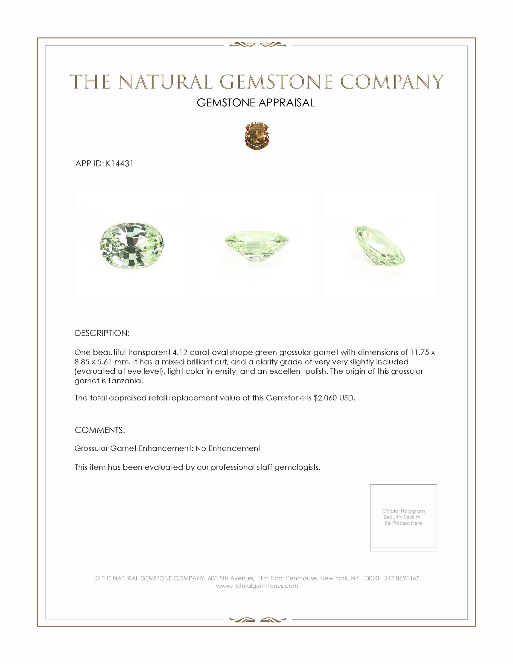 4.12 Ct. Green Grossular Garnet from Tanzania