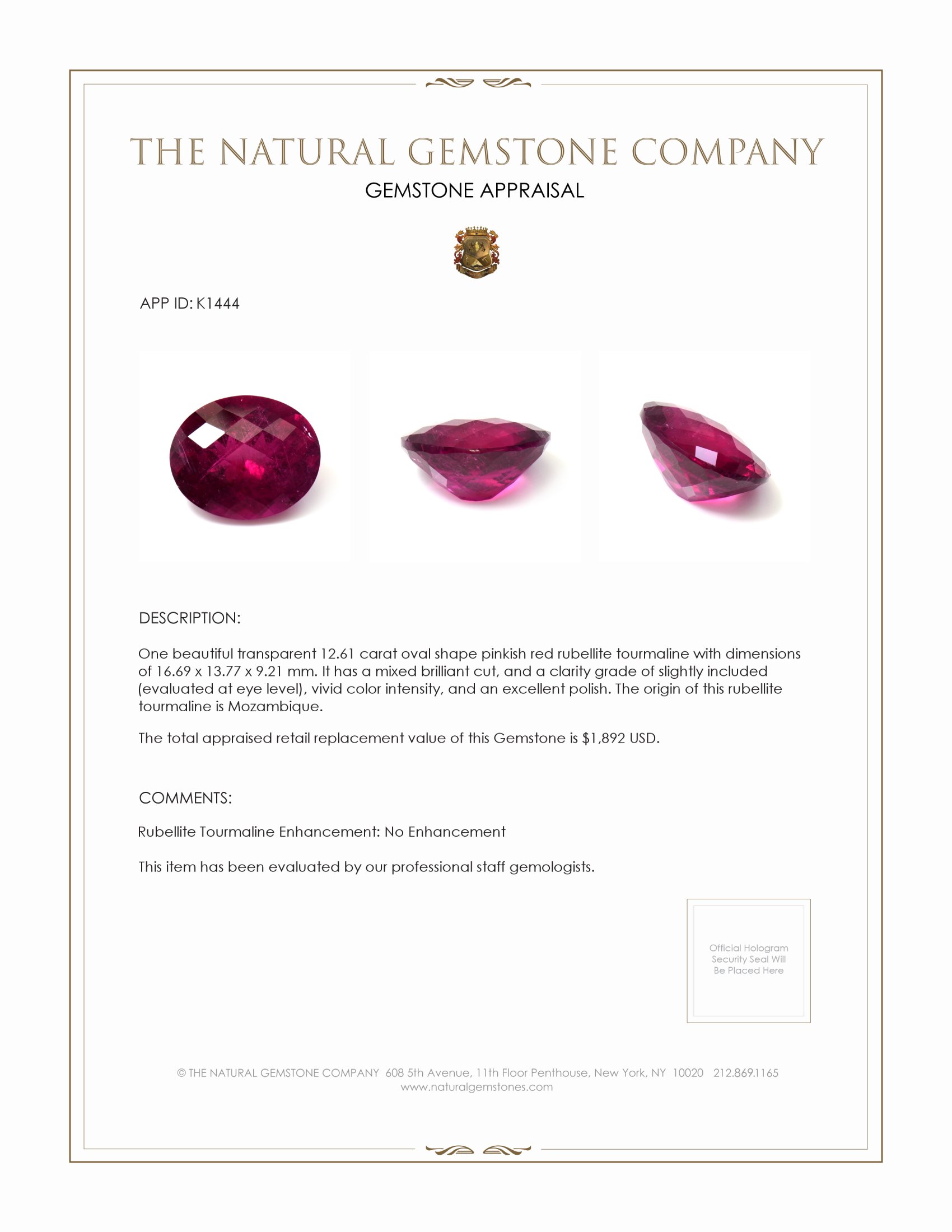 12.61 Ct. Rubellite Tourmaline from Mozambique
