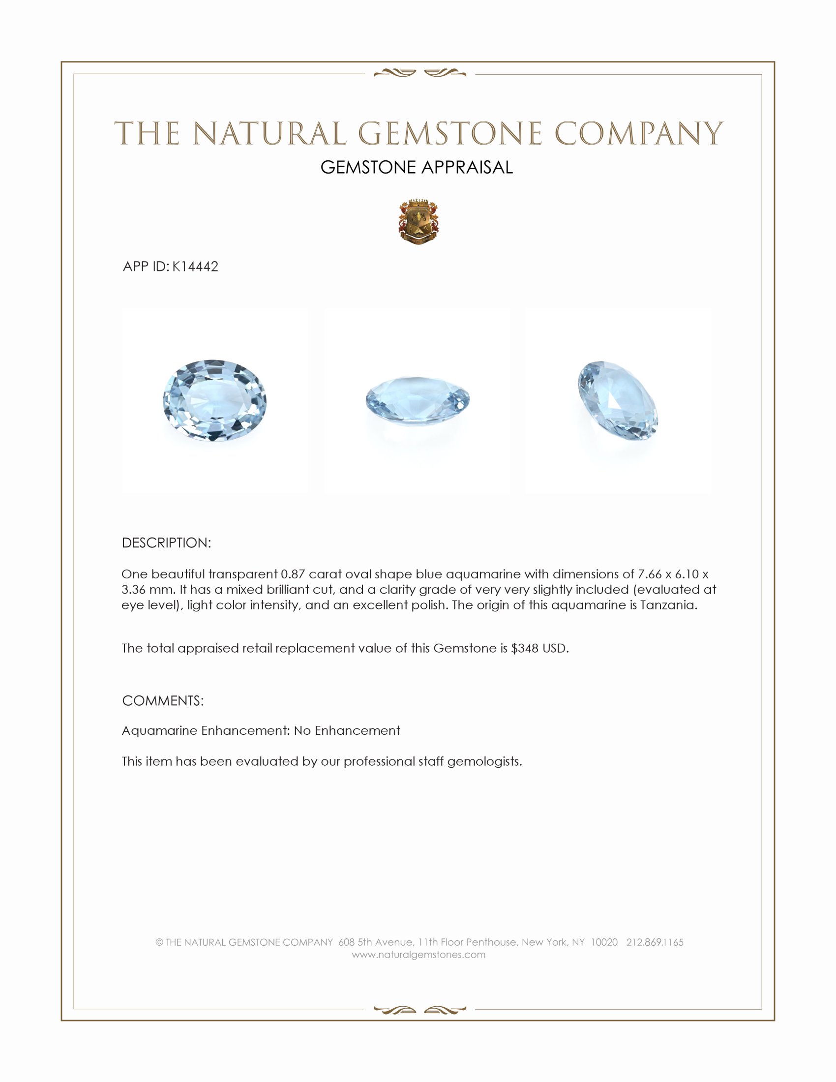 0.87 Ct. Aquamarine from Tanzania