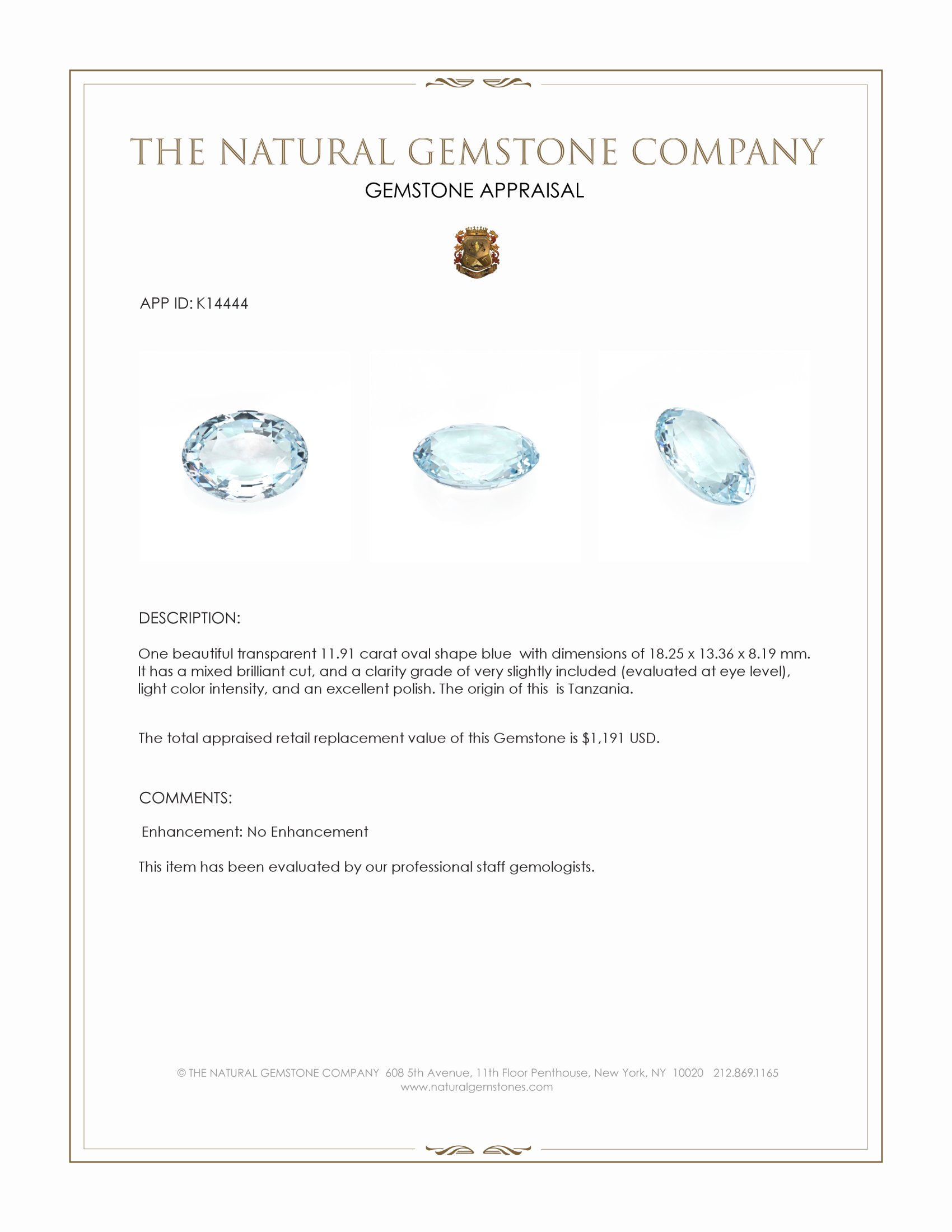 11.91 Ct. Blue Aquamarine from Tanzania