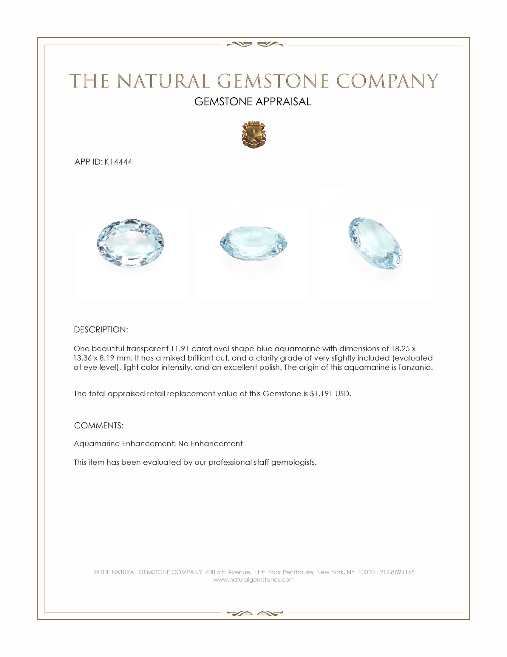 11.91 Ct. Aquamarine from Tanzania