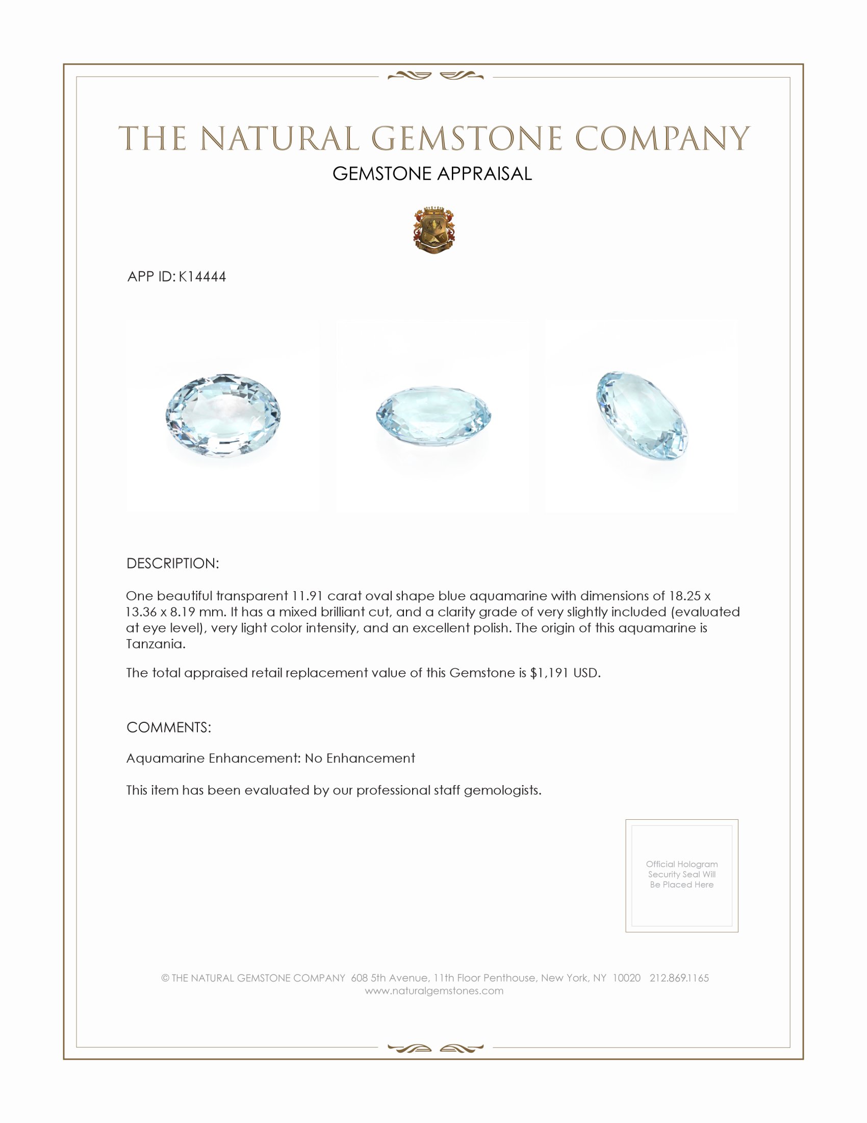 11.91 Ct. Aquamarine from Tanzania