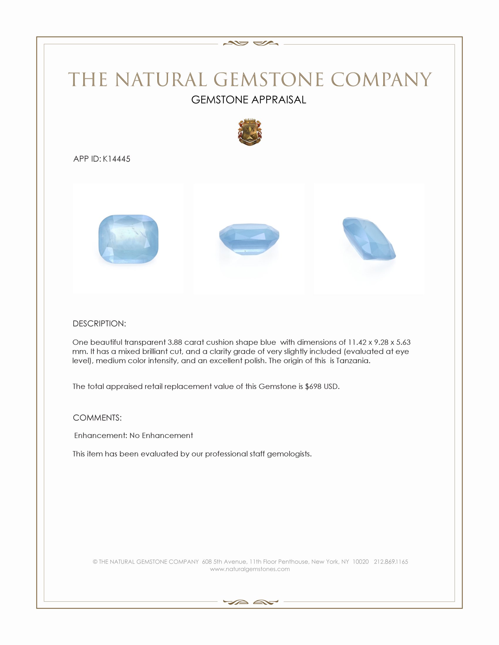 3.88 Ct. Blue Aquamarine from Tanzania