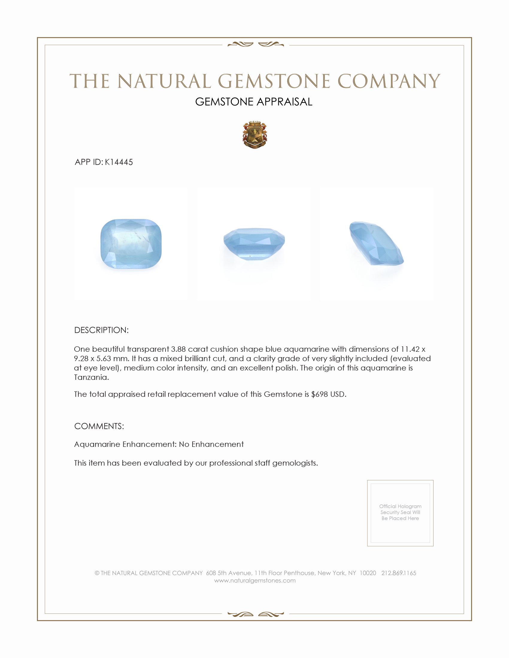 3.88 Ct. Aquamarine from Tanzania