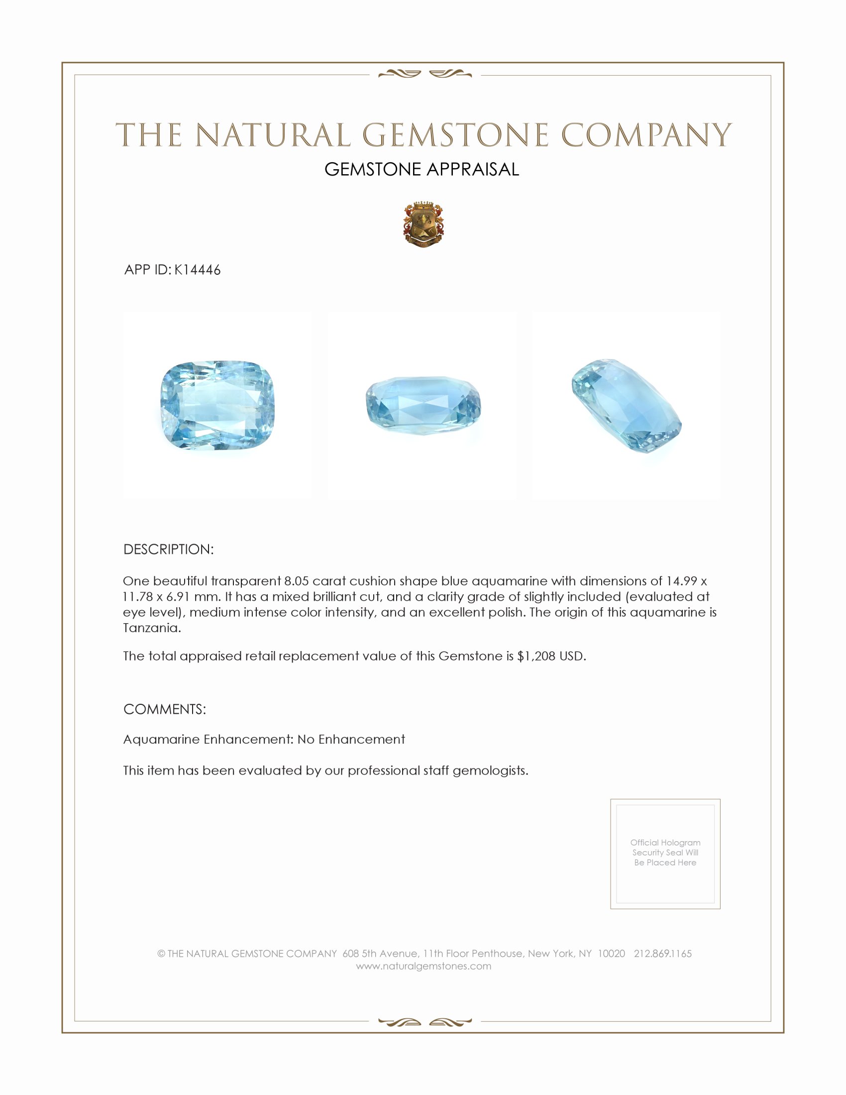 8.05 Ct. Blue Aquamarine from Tanzania