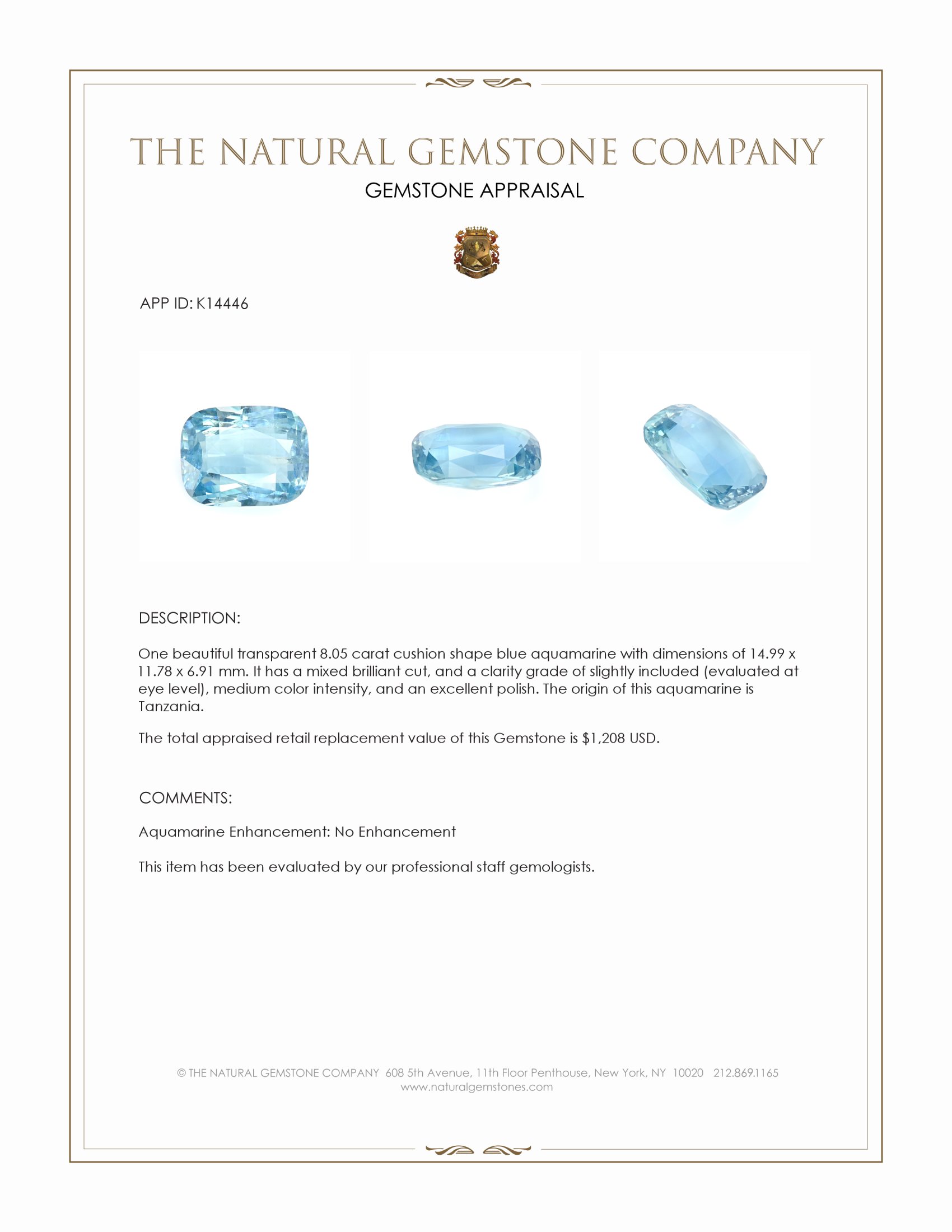 8.05 Ct. Aquamarine from Tanzania
