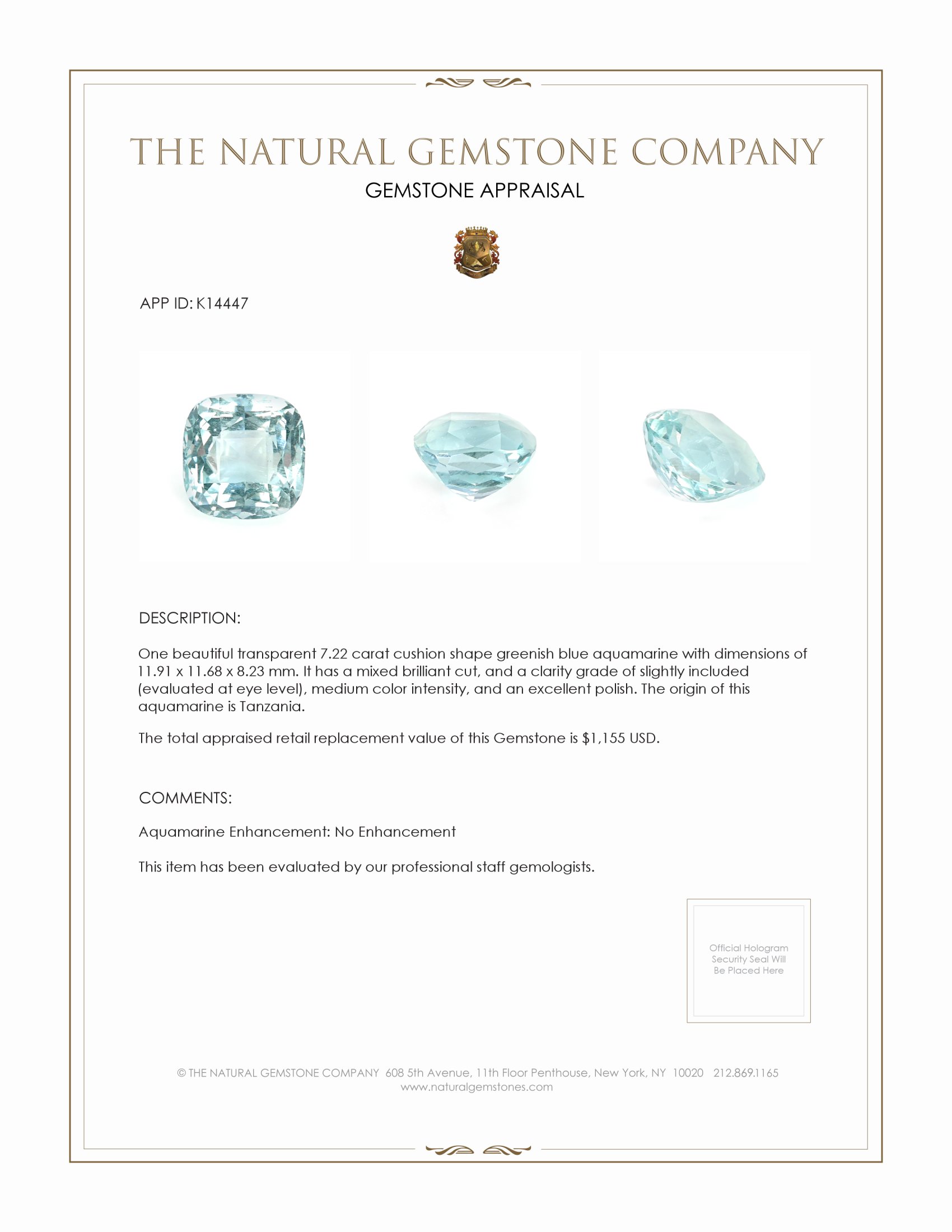 7.22 Ct. Aquamarine from Tanzania