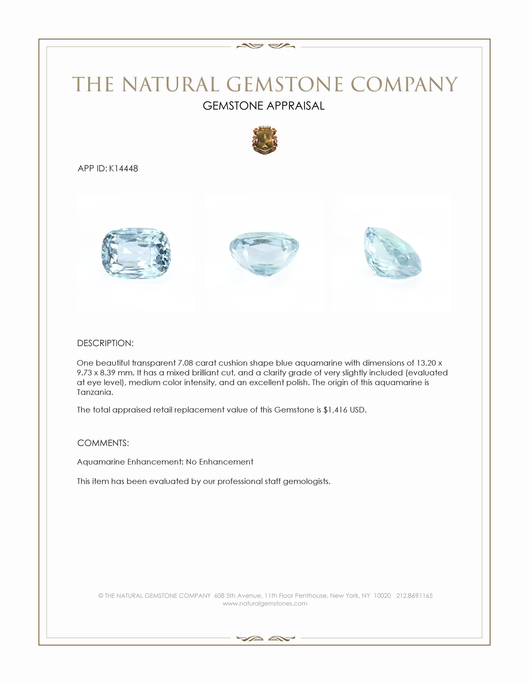 7.08 Ct. Blue Aquamarine from Tanzania