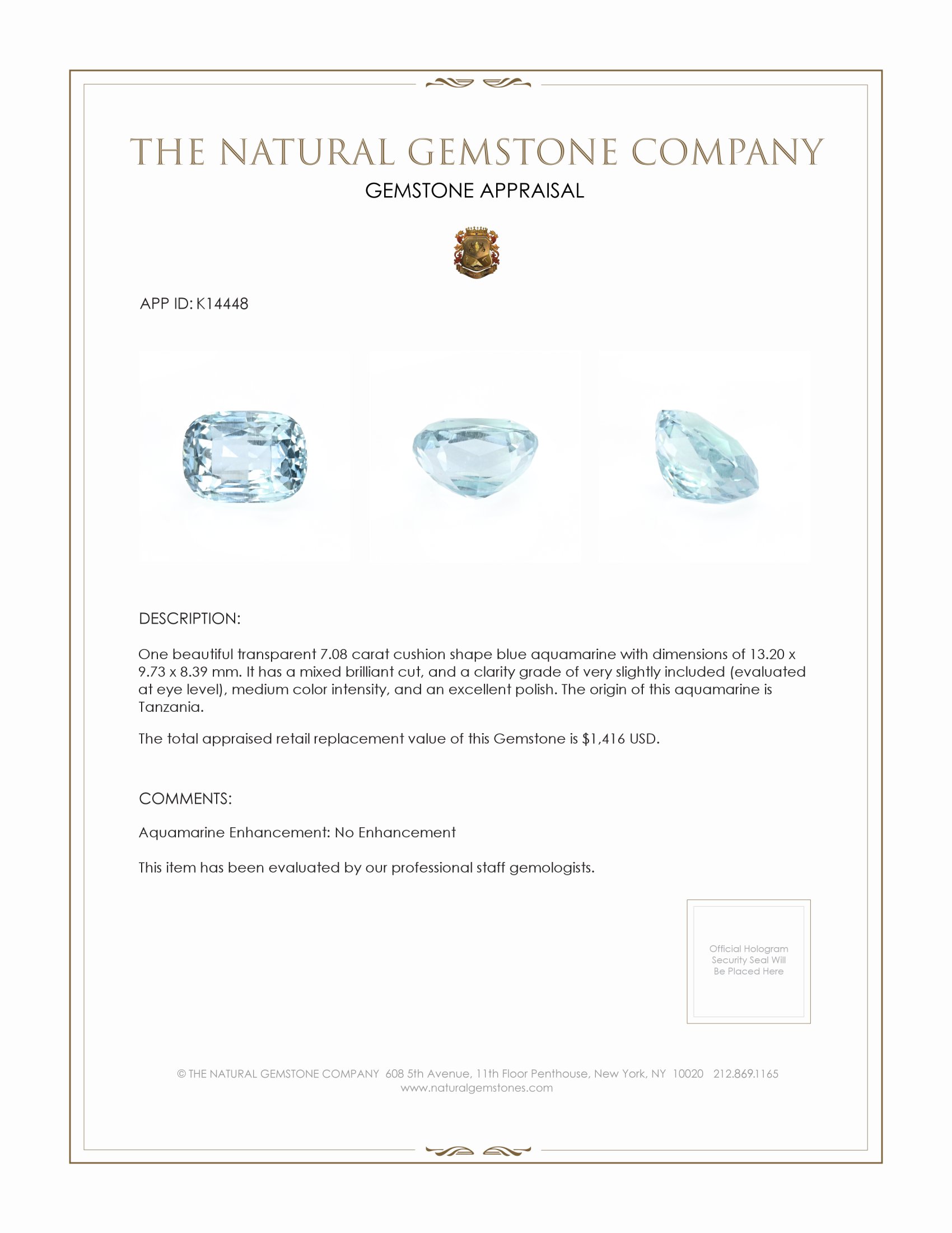 7.08 Ct. Aquamarine from Tanzania