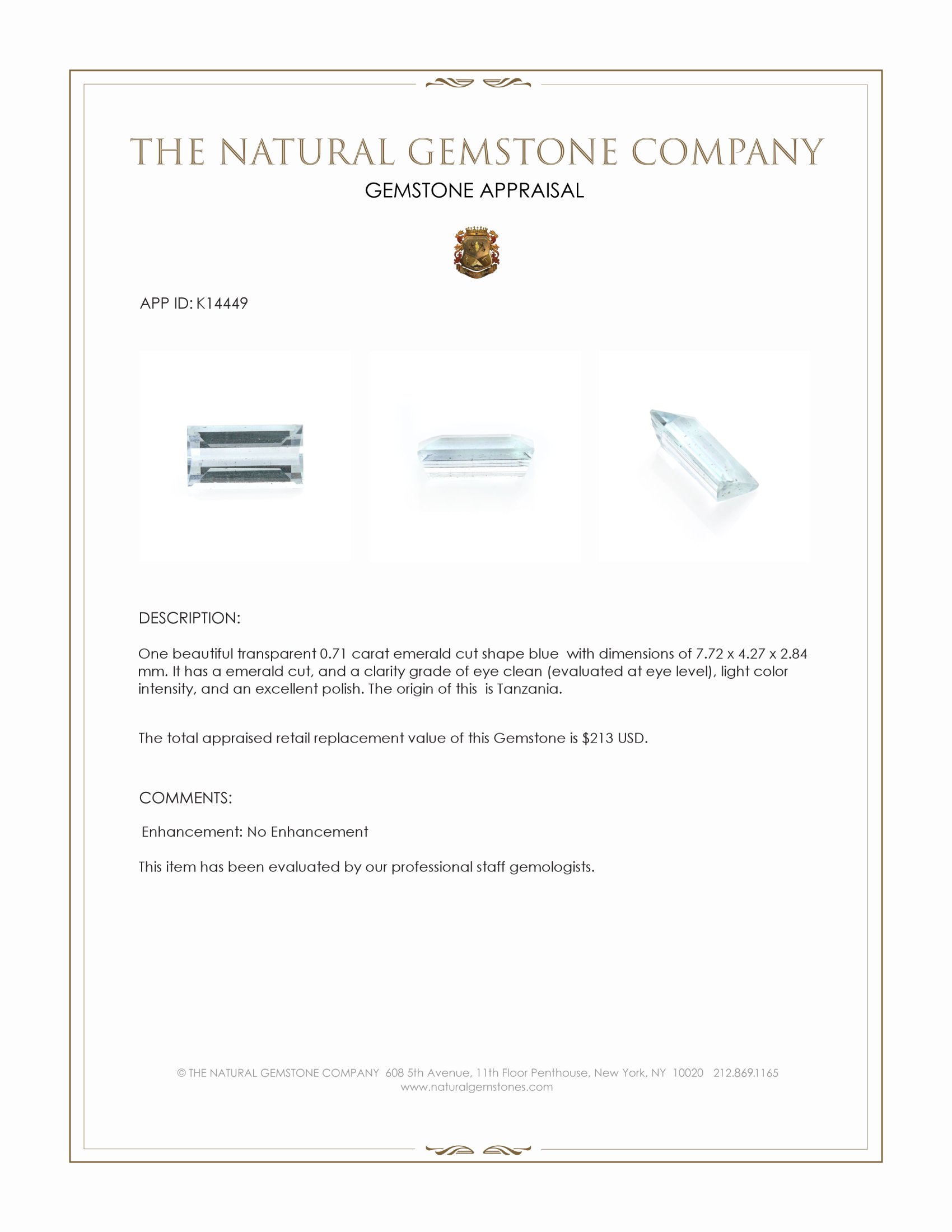 0.71 Ct. Blue Aquamarine from Tanzania