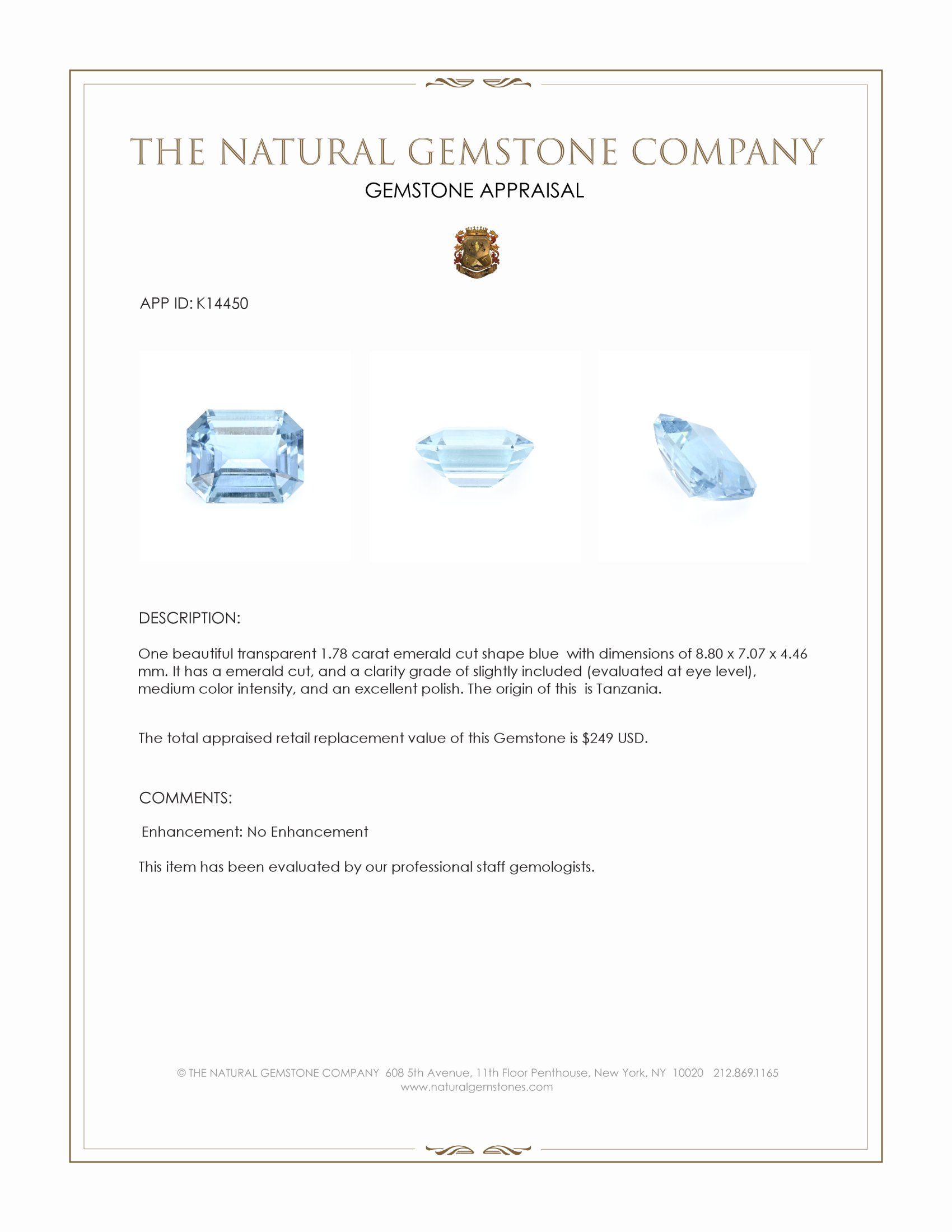 1.78 Ct. Blue Aquamarine from Tanzania