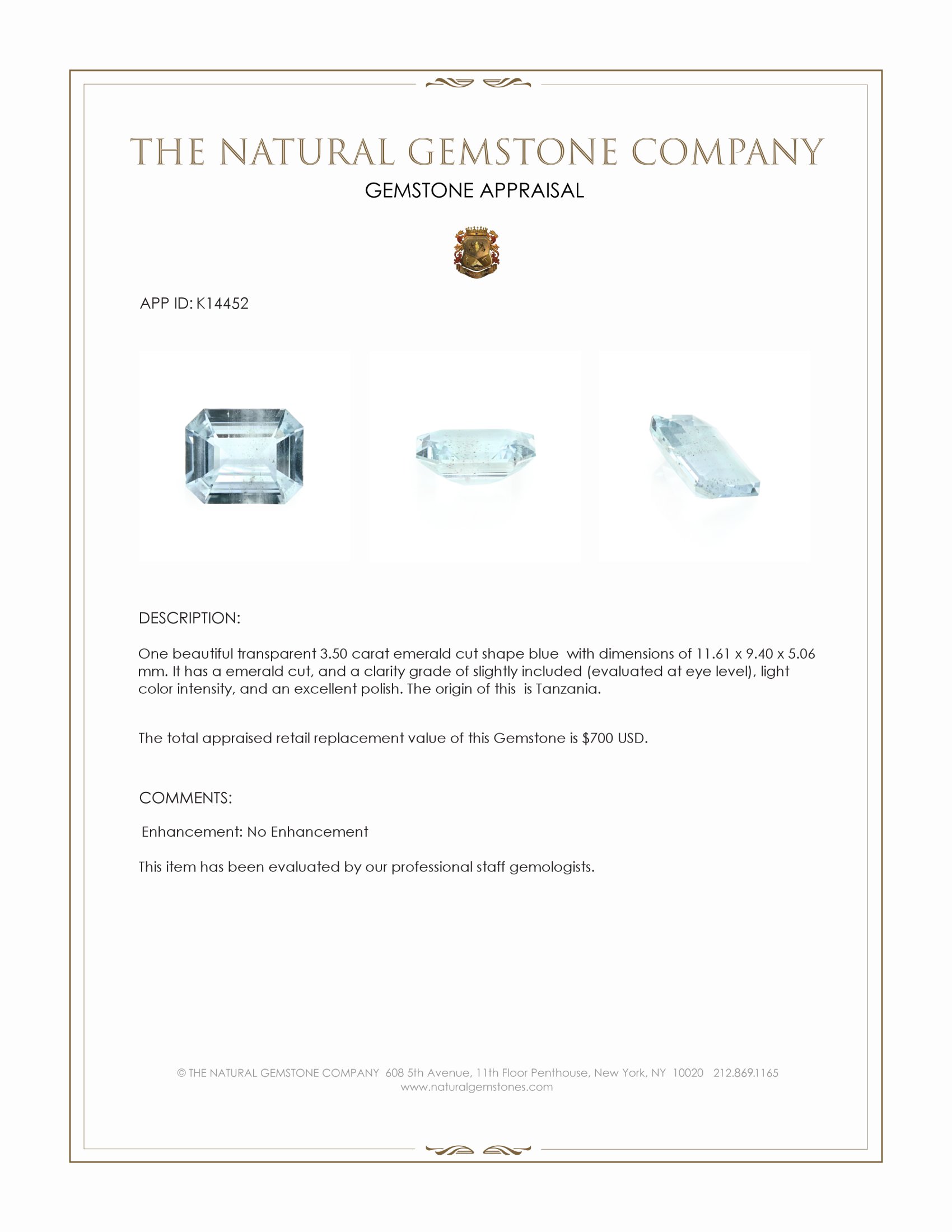 3.50 Ct. Blue Aquamarine from Tanzania