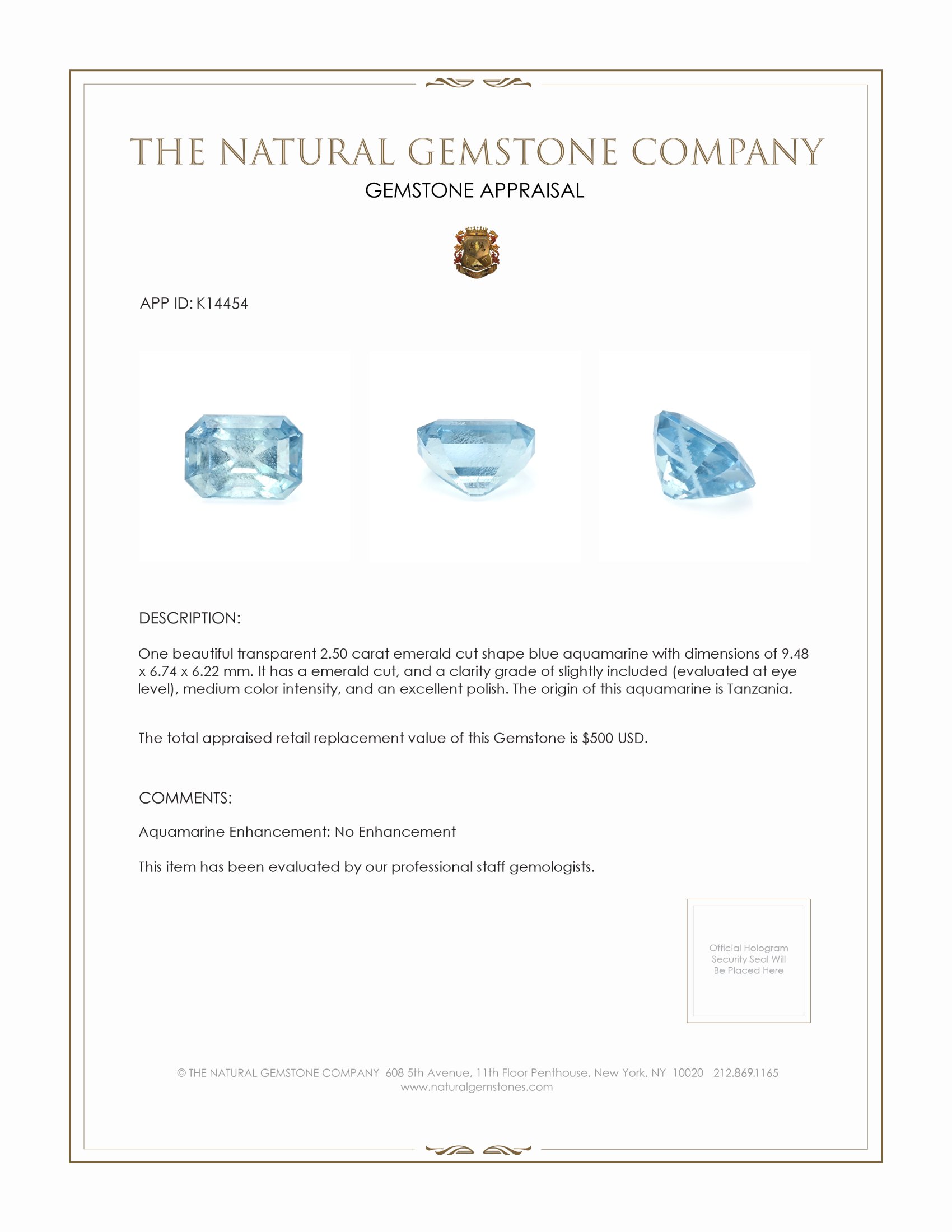 2.50 Ct. Aquamarine from Tanzania