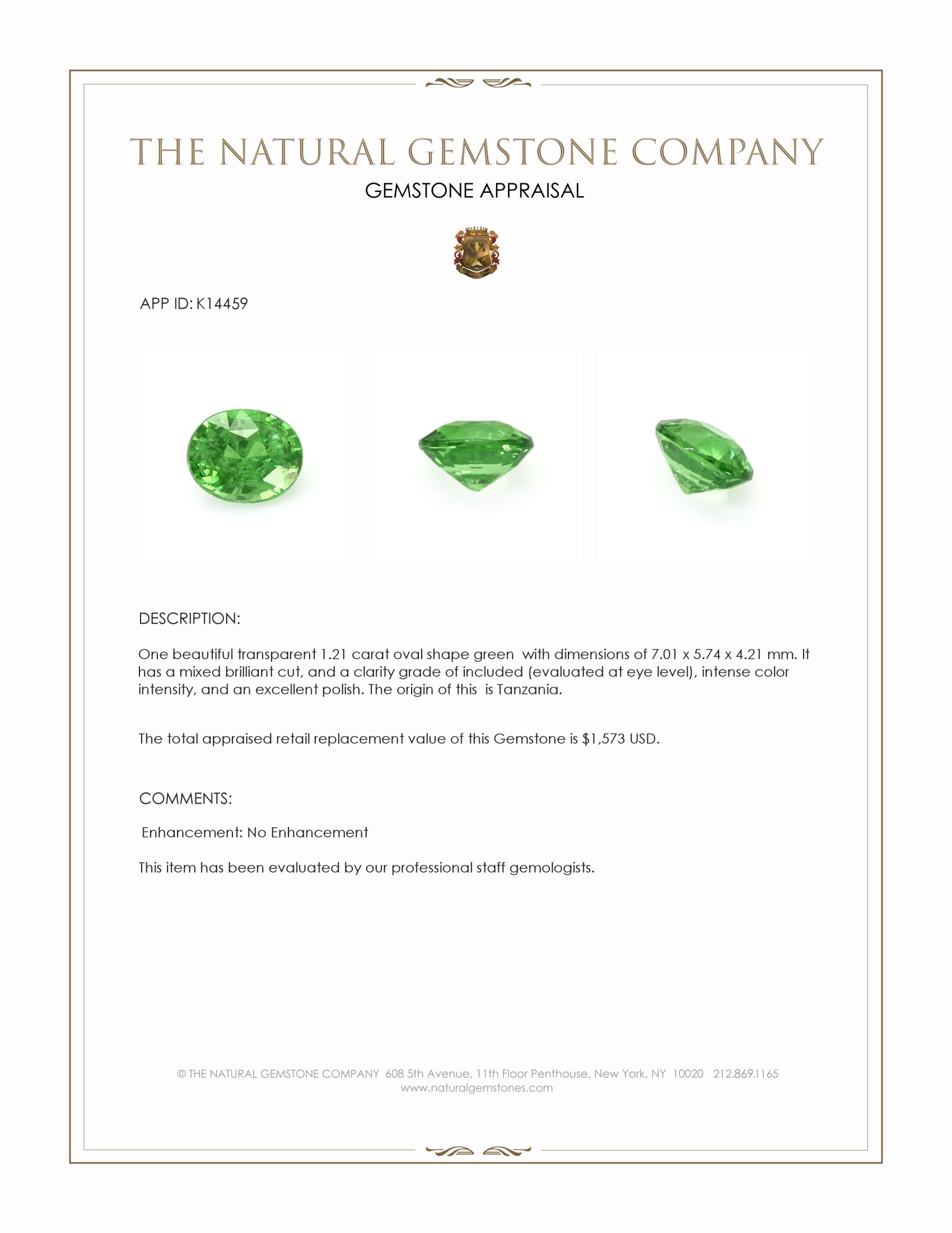 1.21 Ct. Tsavorite Garnet from Tanzania