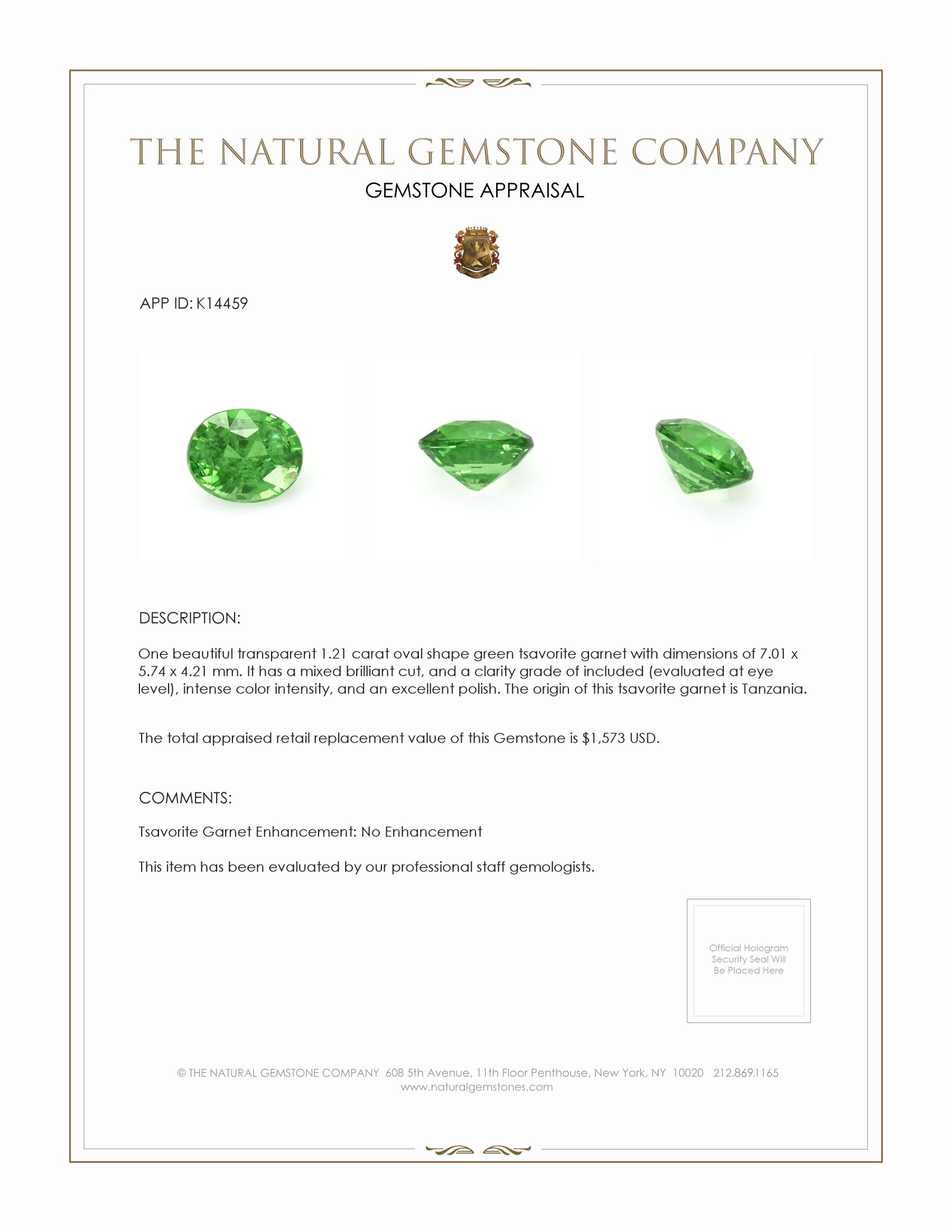 1.21 Ct. Tsavorite Garnet from Tanzania