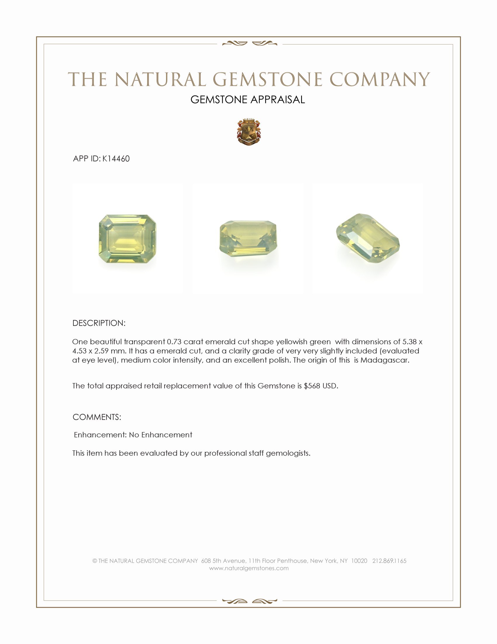 0.73 Ct. Yellowish Green Chrysoberyl from Madagascar