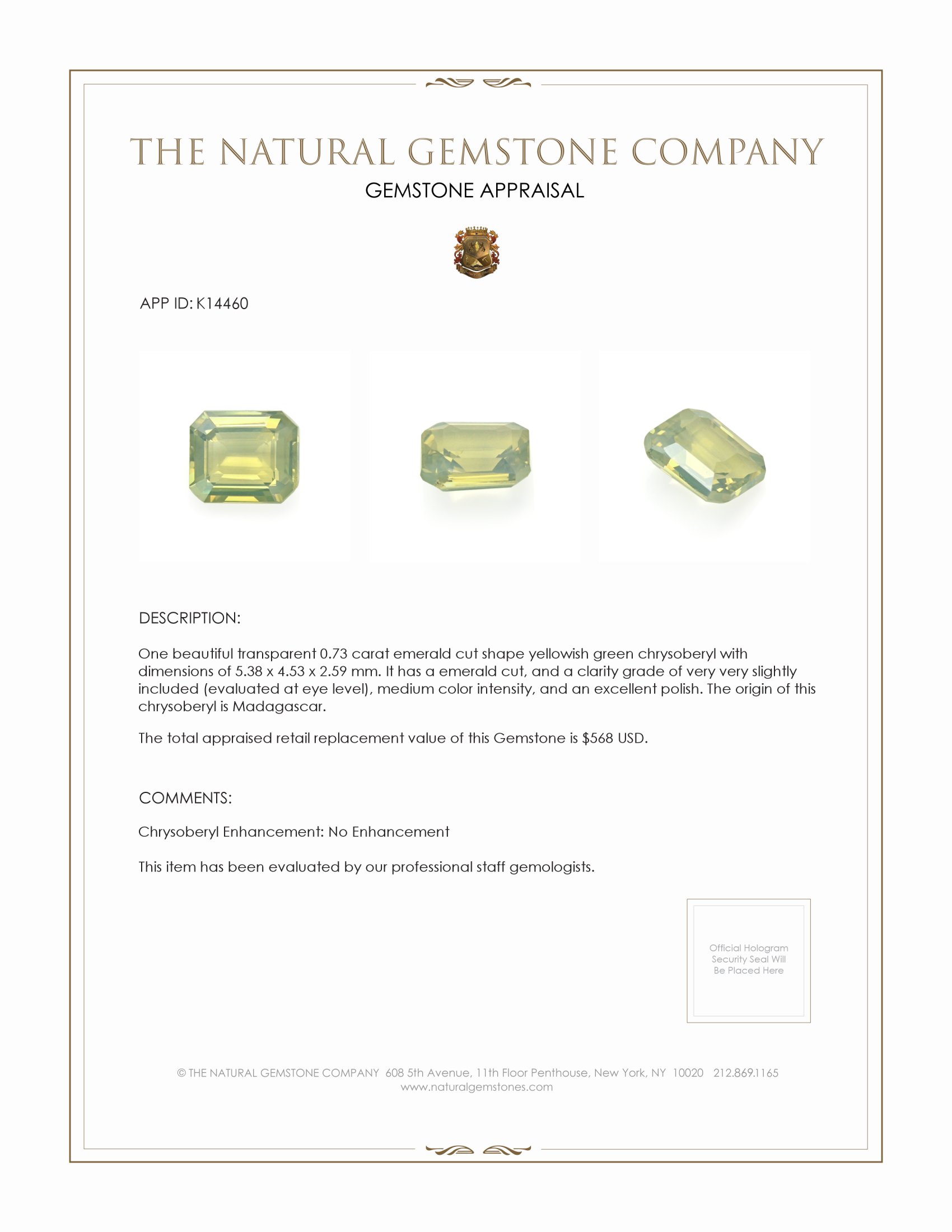 0.73 Ct. Chrysoberyl from Madagascar