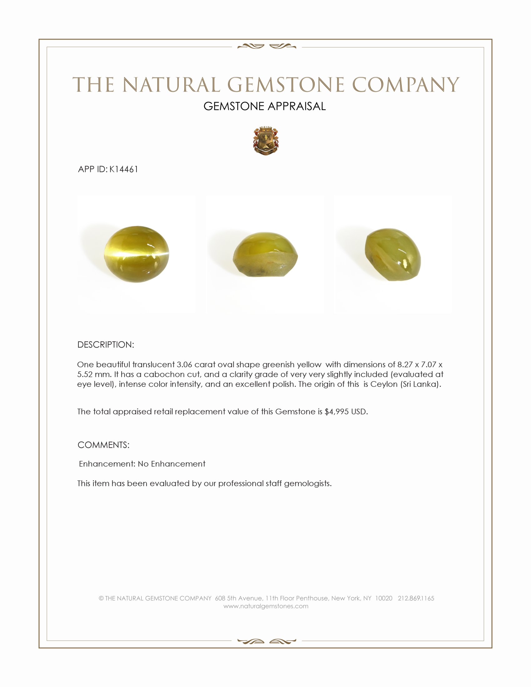 3.06 Ct. Greenish Yellow Cabochon Chrysoberyl from Ceylon (Sri Lanka)